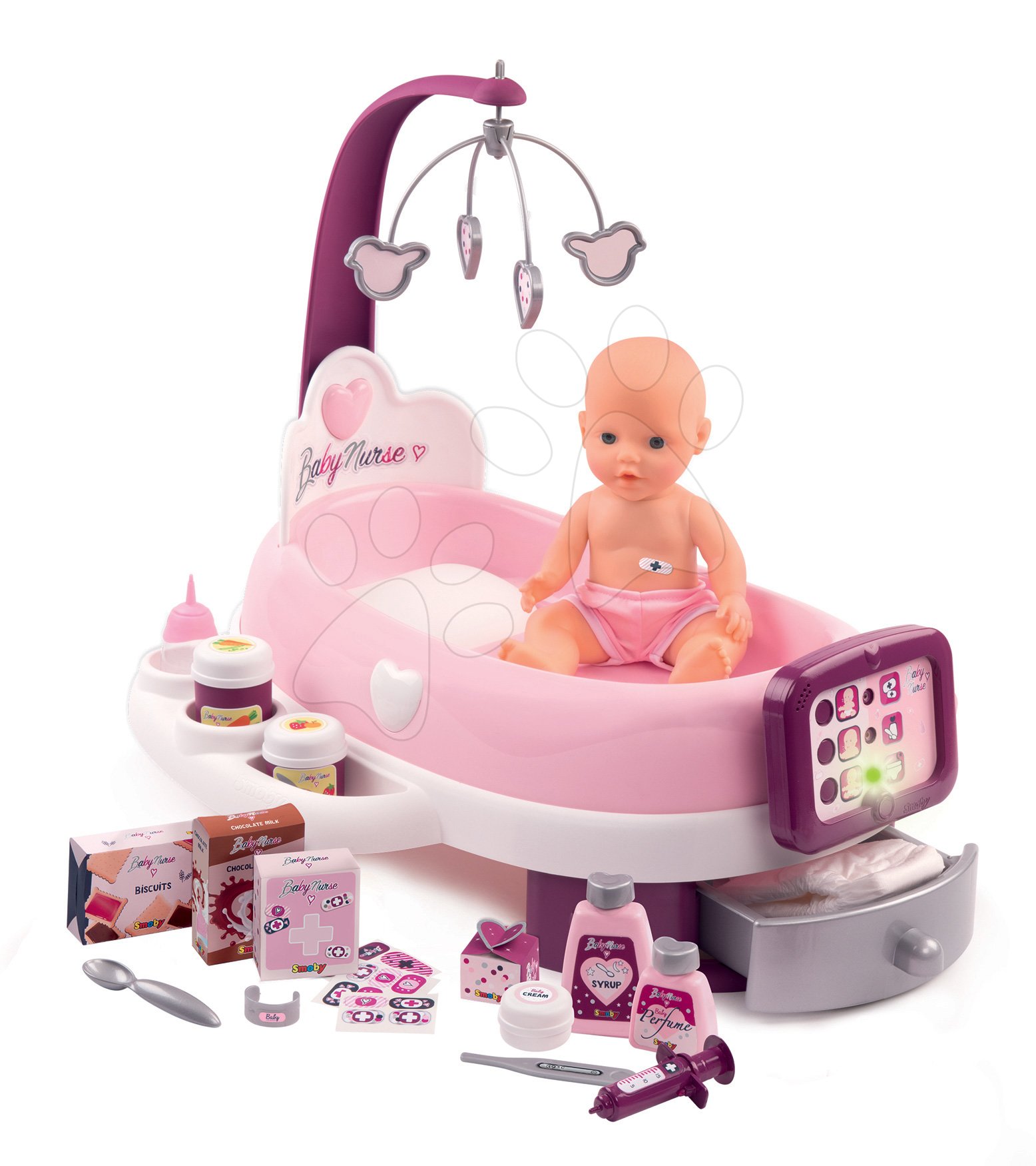 E-shop Opatrovateľské centrum elektronické Violette Baby Nurse Smoby s 30 cm cikajúcou bábikou a 24 doplnkami