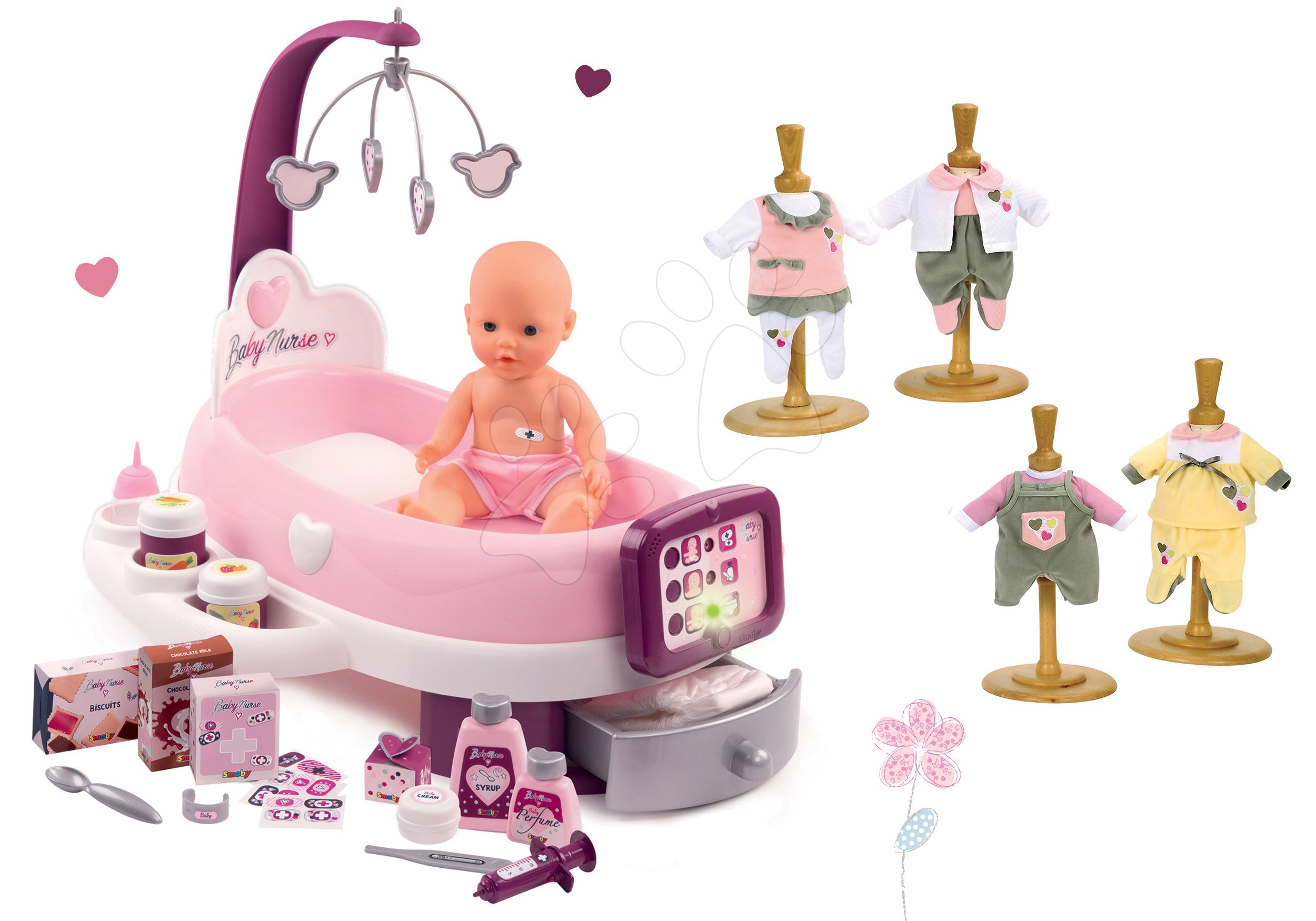 Domčeky pre bábiky sety - Set opatrovateľské centrum pre bábiku Violette Baby Nurse Smoby a šatôčky pre 32 cm bábiku 4 druhy