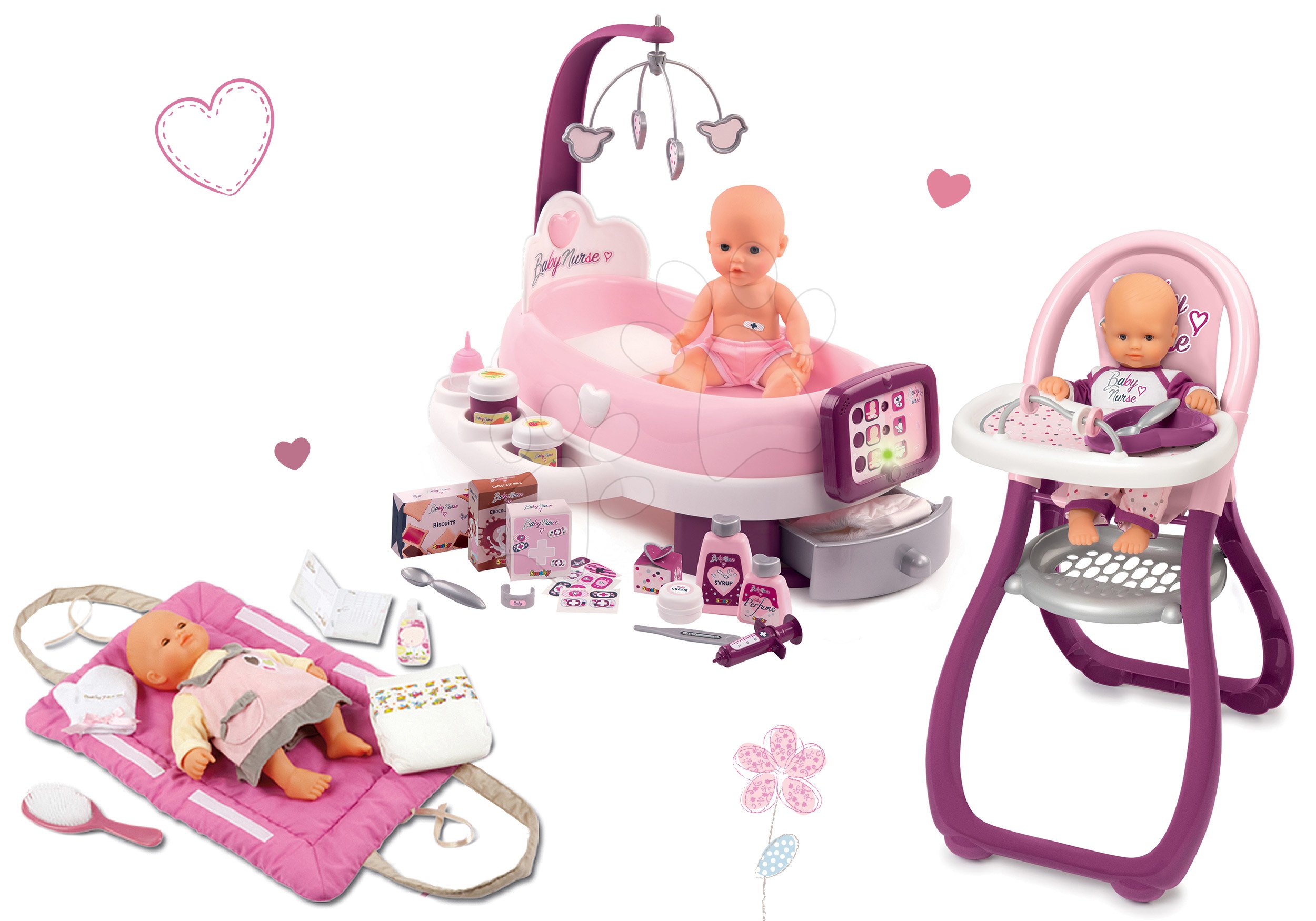 Set opatrovateľské centrum pre bábiku Violette Baby Nurse Smoby a jedálenská stolička s podložkou na prebaľovanie