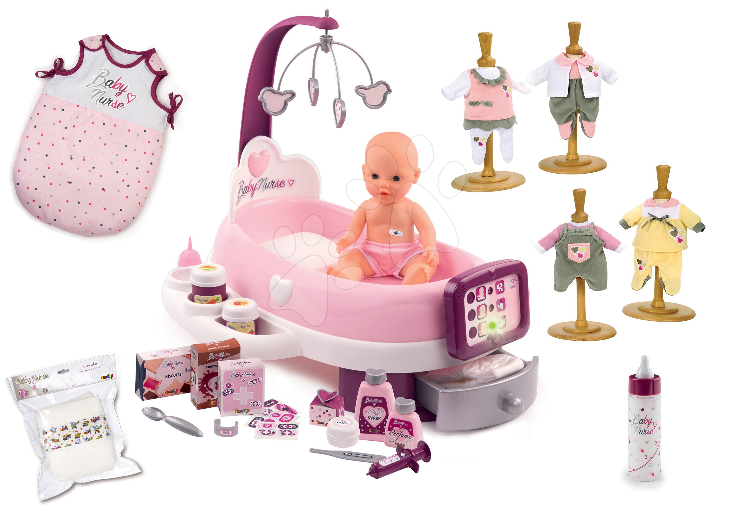 Domčeky pre bábiky sety - Set opatrovateľské centrum pre bábiku Violette Baby Nurse Smoby a šatôčky s nočným úborom a fľaška s plienkami