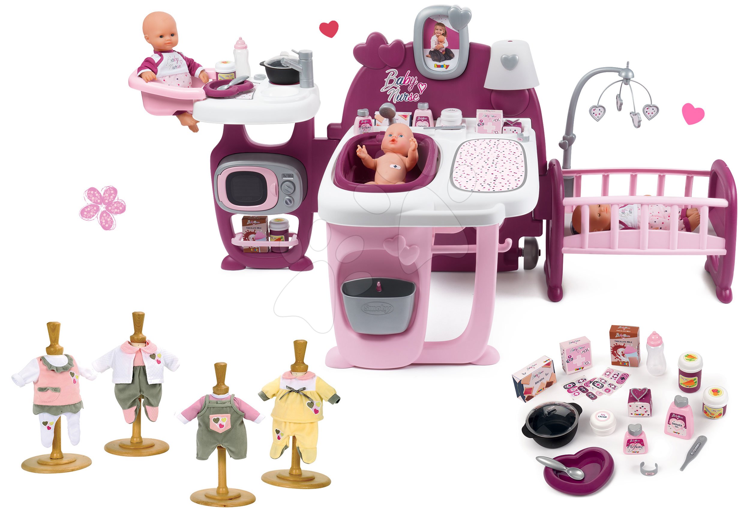 Domčeky pre bábiky sety - Set domček pre bábiku Violette Baby Nurse Large Doll's Play Center Smoby a šaty pre 32 cm bábiku 1 kus ako darček