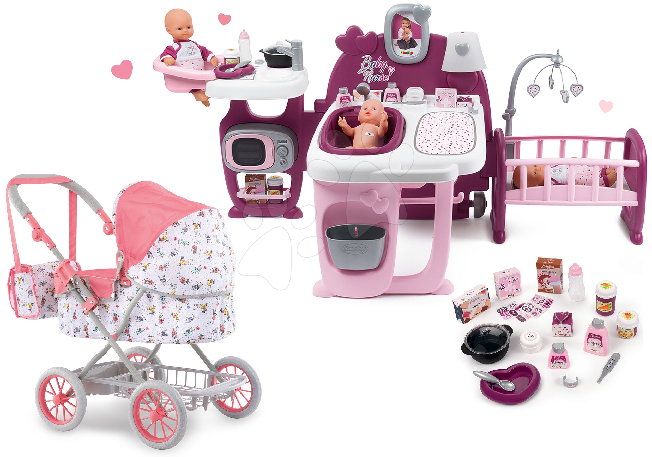 Set domček pre bábiku Violette Baby Nurse Large Doll's Play Center Smoby a hlboký kočík Mon Grand skladací pre 36-52 cm bábiku