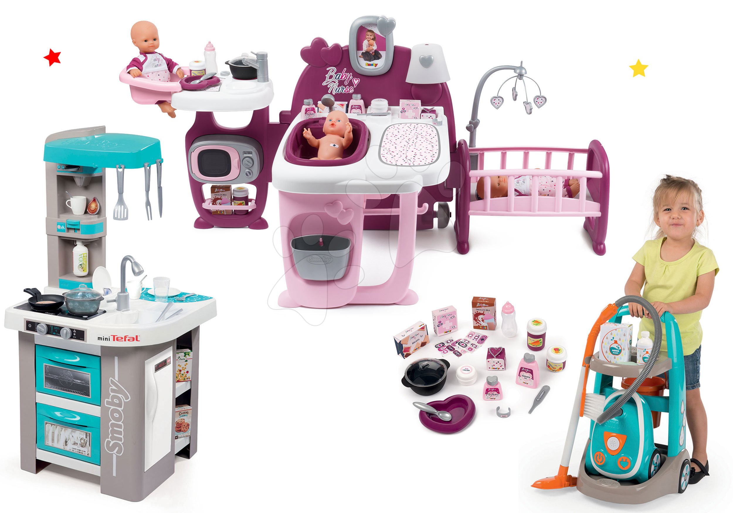 Smoby set domček pre bábiku Baby Nurse Doll´s Play Center, kuchynka Tefal Bubble a upratovací vozík 220327-3