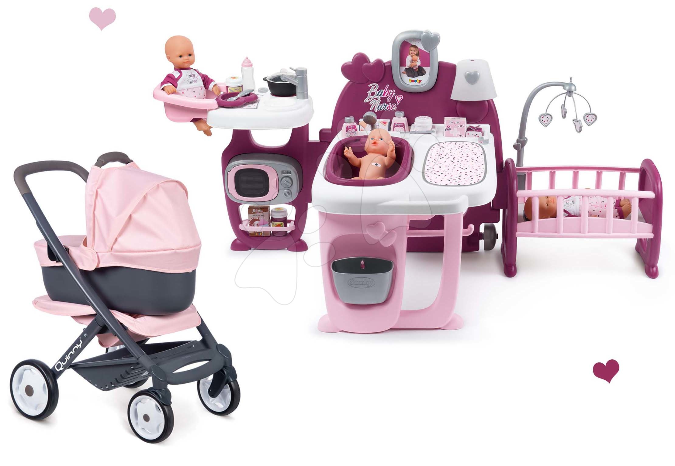 Domečky pro panenky - Set domeček pro panenku Violette Baby Nurse Large Doll's Play Center Smoby a kočárek trojkombinace Powder Pink 3in1 Maxi Cosi&Quinny
