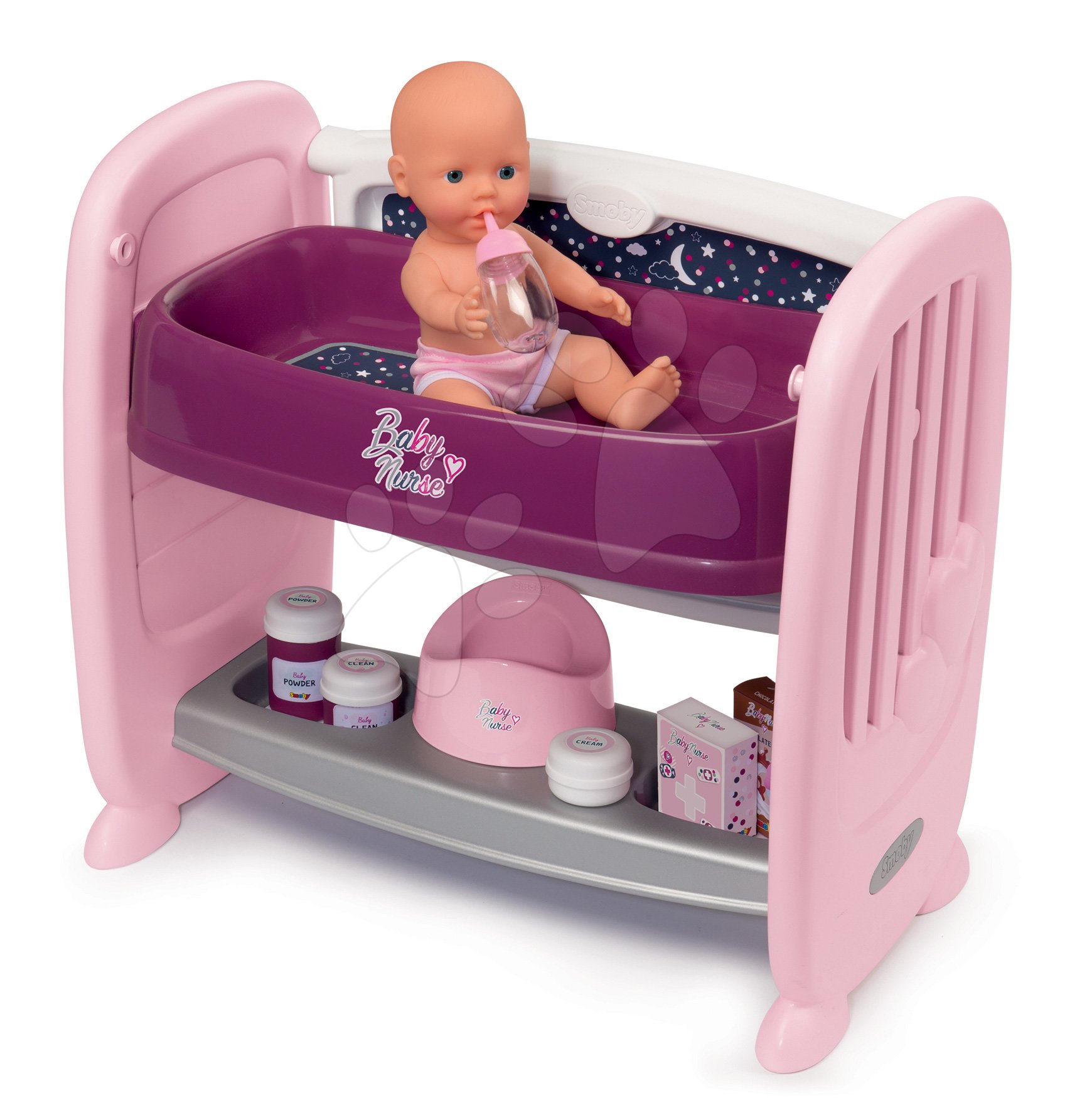 Postieľky a kolísky pre bábiky - Postieľka k posteli s prebaľovacím pultom Violette Baby Nurse 2v1 Smoby 3 pozície s cikajúcou bábikou a 8 doplnkami od 24 mes