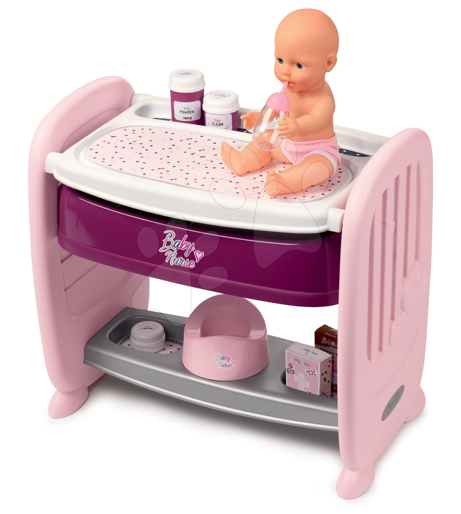 Babaágy gyerekágy mellé pelenkázó pulttal Violette Baby Nurse 2in1 Smoby 3 pozíciós 8 kiegészítővel 24 hó-tól