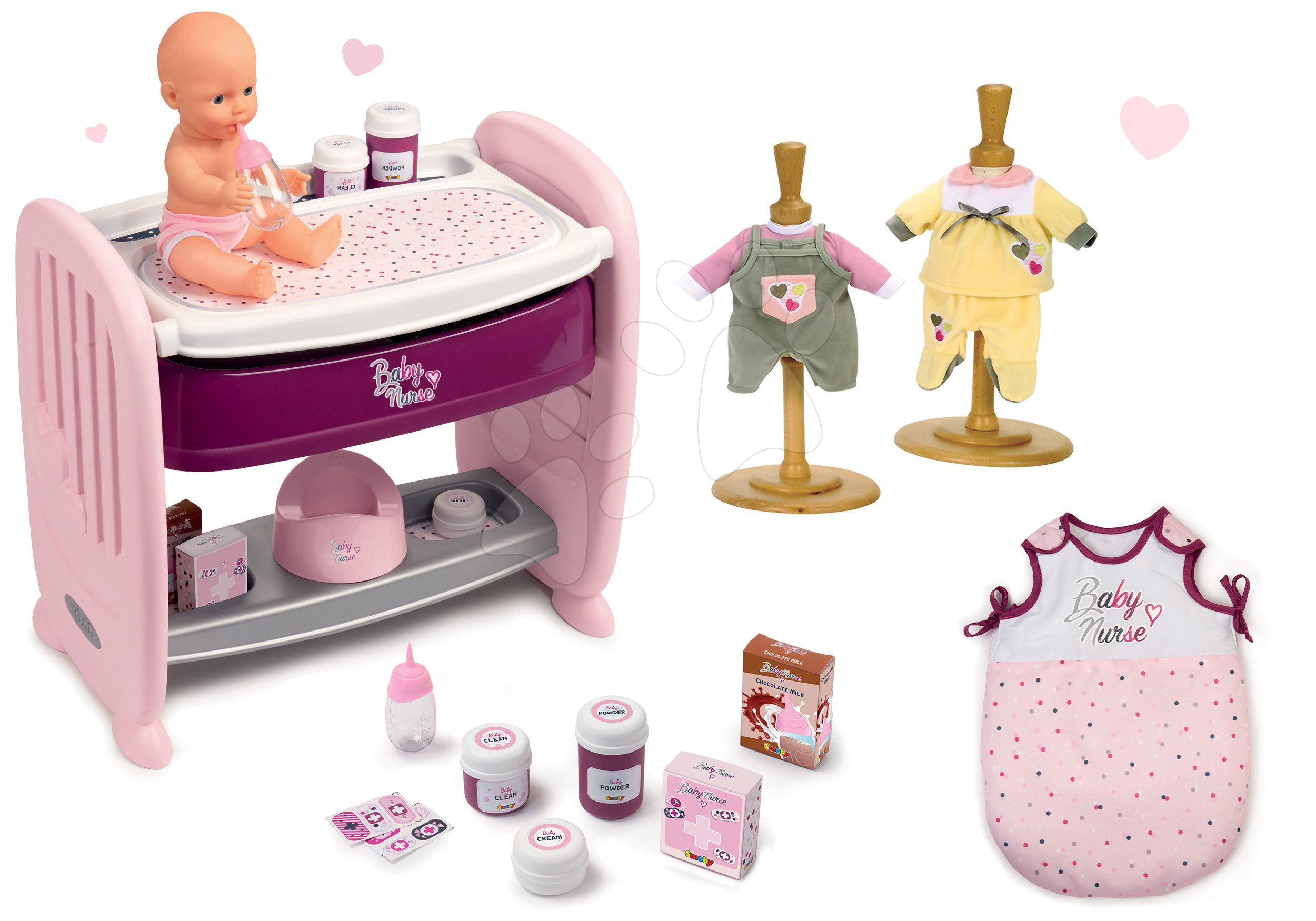 Postieľky a kolísky pre bábiky - Set postieľka k posteli s prebaľovacím pultom Violette Baby Nurse 2v1 Smoby s cikajúcou bábikou a s nočným úborom a dvoma šatôčkami