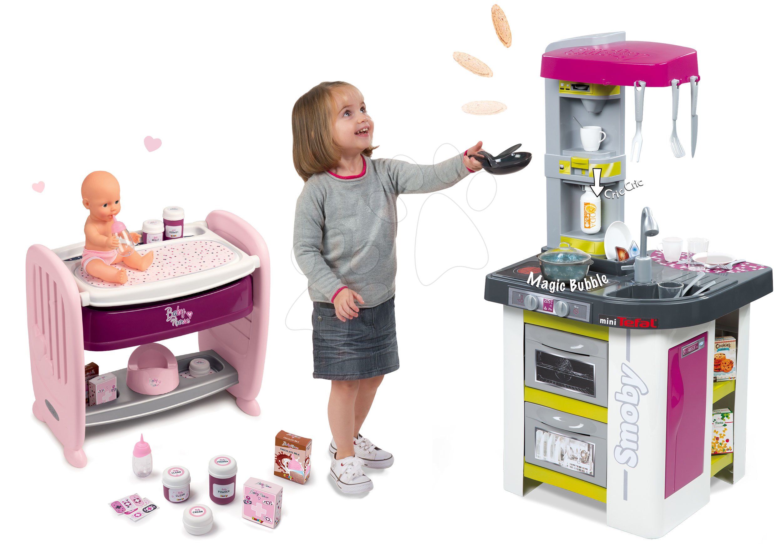 Set postieľka k posteli s prebaľovacím pultom Violette Baby Nurse 2v1 Smoby s cikajúcou bábikou a kuchynka Tefal Studio Bubble elektronická s doplnkami
