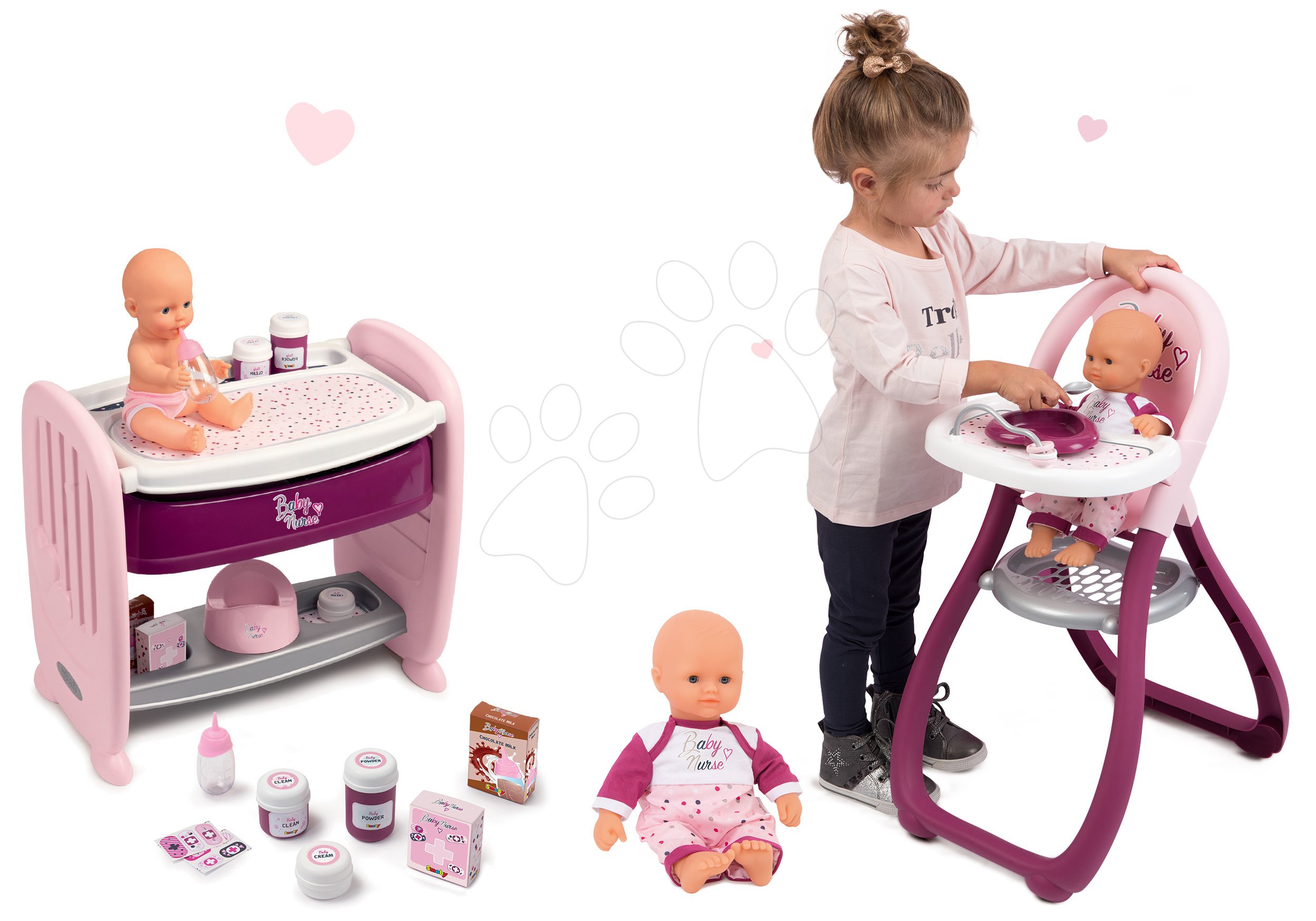 Domčeky pre bábiky sety - Set postieľka k posteli s prebaľovacím pultom Violette Baby Nurse 2v1 Smoby a s bábikou a jedálenskou stoličkou