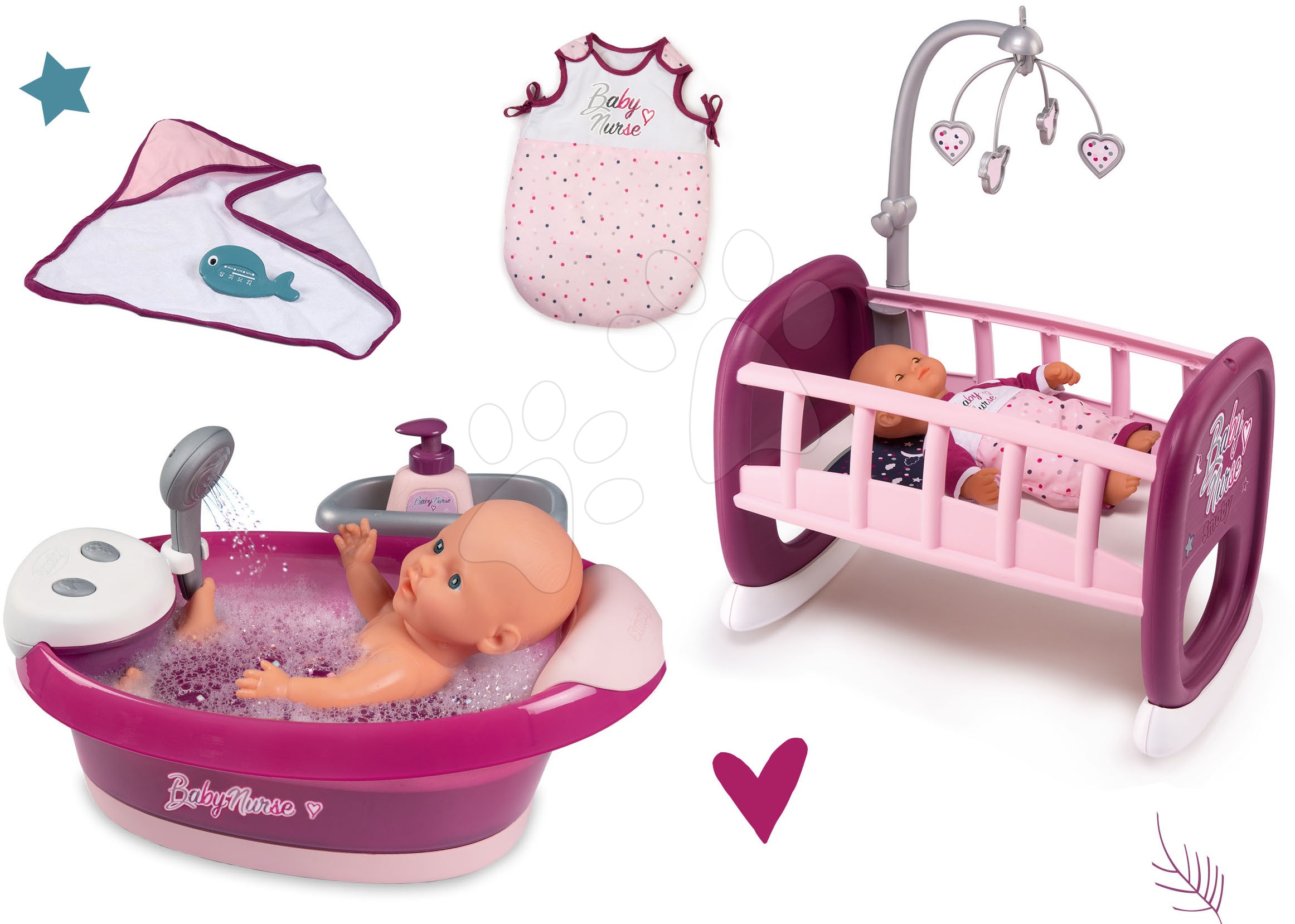 Domčeky pre bábiky sety - Set vanička s tečúcou vodou elektronická Violette Baby Nurse Smoby so spacím vakom a kolíska s kolotočom