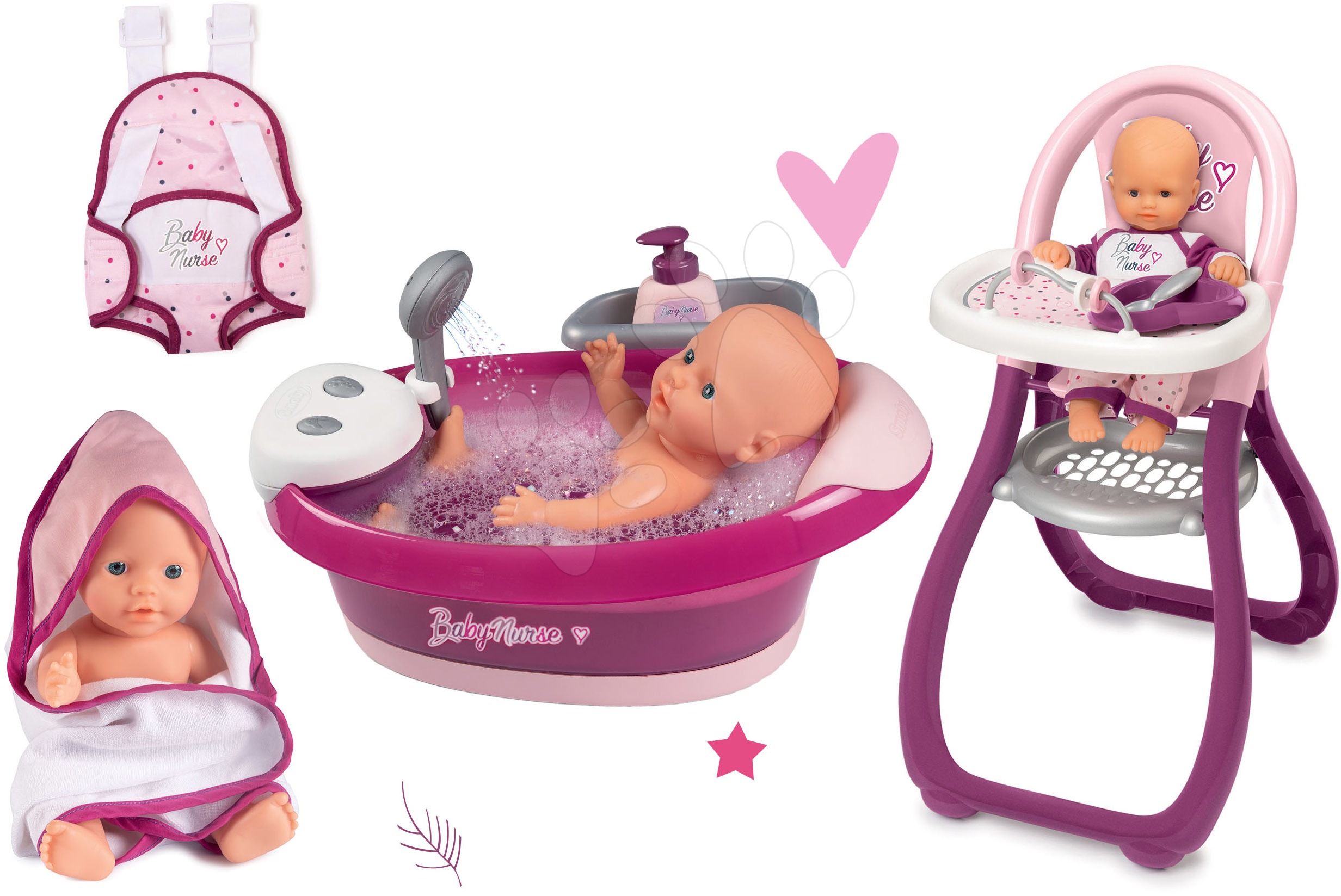 Set vanička s tečúcou vodou elektronická Violette Baby Nurse Smoby s klokankou pre bábiku a jedálenskou stoličkou