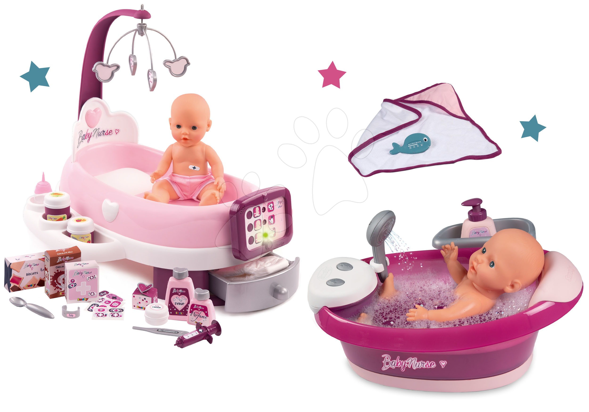 Domčeky pre bábiky sety - Set vanička s tečúcou vodou elektronická Violette Baby Nurse Smoby a opatrovateľsky kútik so zvukom a svetlom a 30 cm bábikou
