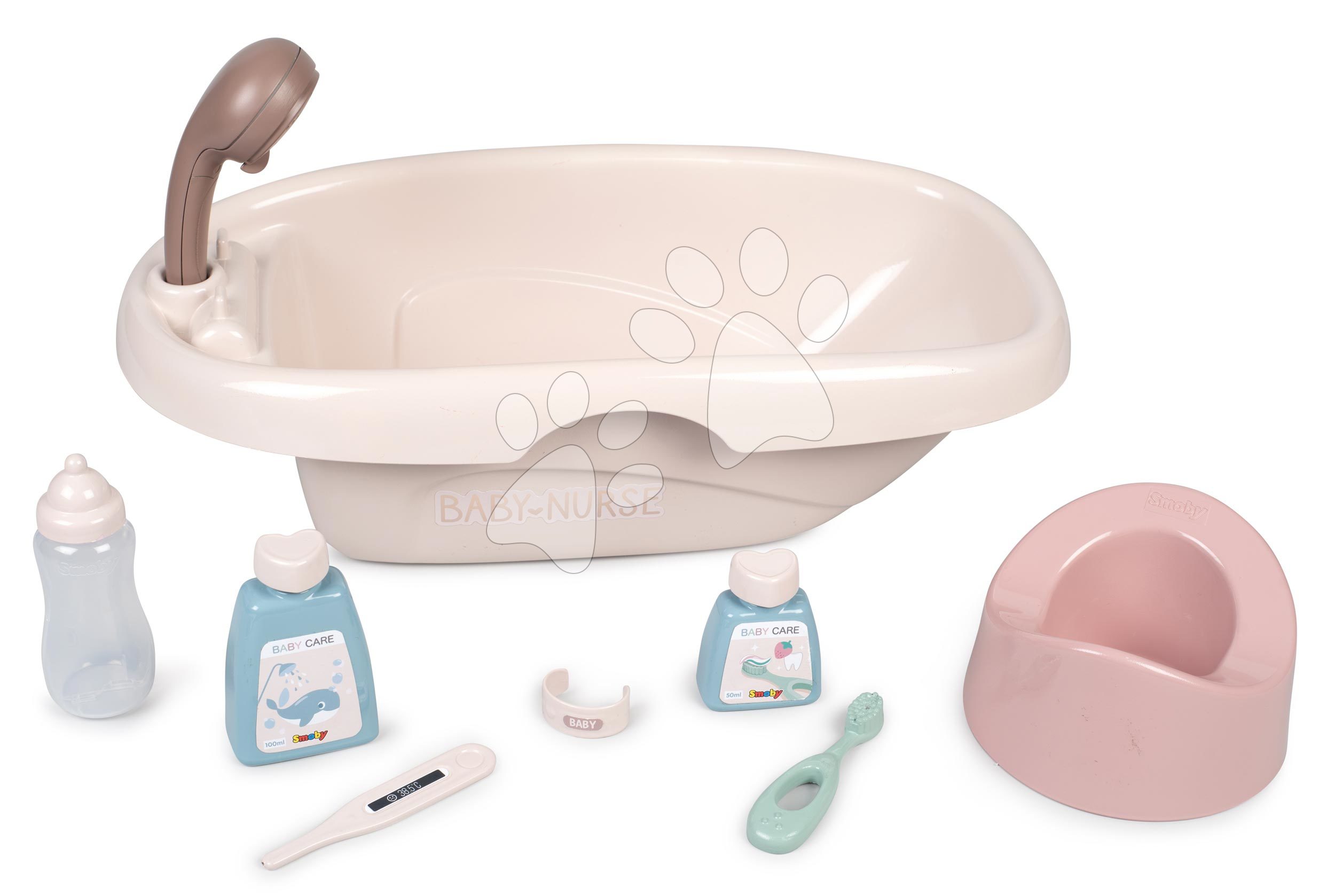 Kiskád bilivel Bath Set Natur D'Amour Baby Nurse Smoby pipereholmival és 8 kiegészítővel 42 cm játékbabának