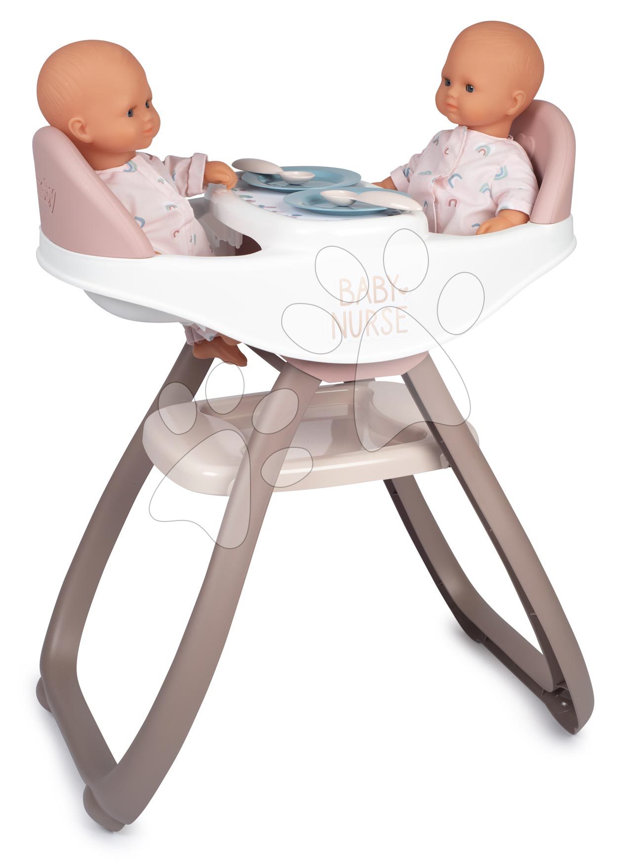 Etetőszék ikreknek Twin Highchair 2in1 Natur D'Amour Baby Nurse Smoby 42 cm játékbabának 4 kiegészítővel 24 hó-tól