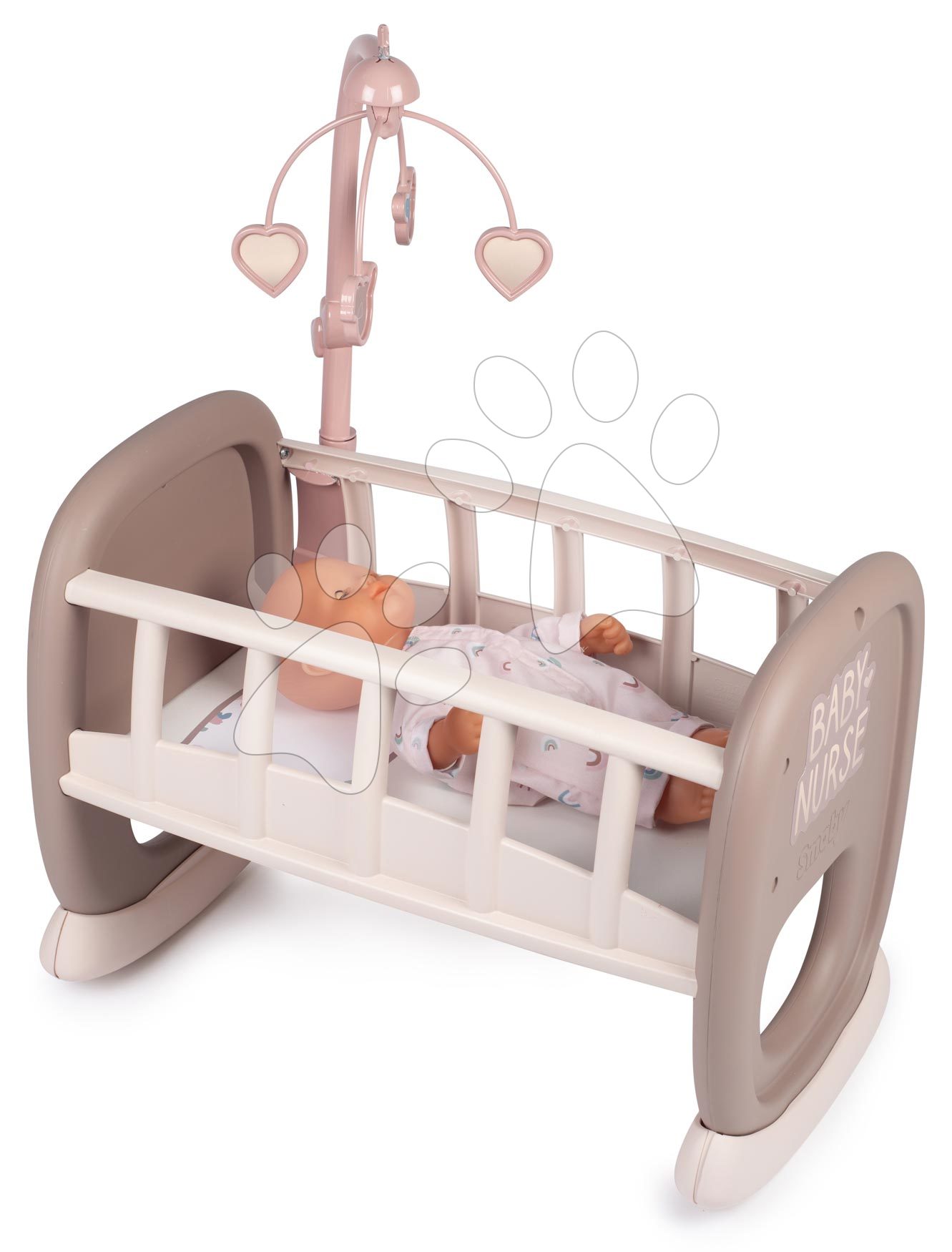 Játékbaba kiságyak és bölcsők - Bölcső kiságyforgóval Baby´s Cot Natur D'Amour Baby Nurse Smoby 42 cm játékbabának 18 hó-tól