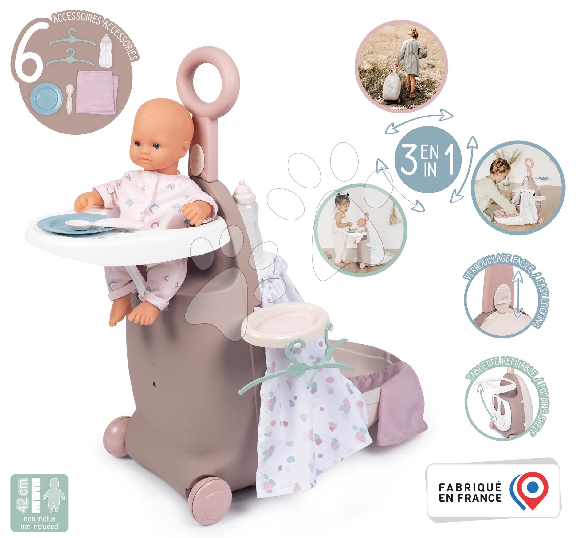 E-shop Prebaľovací kufrík na kolieskach Suitcase 3in1 Natur D'Amour Baby Nurse Smoby s postieľkou a jedálenskou stoličkou 6 doplnkov od 18 mes