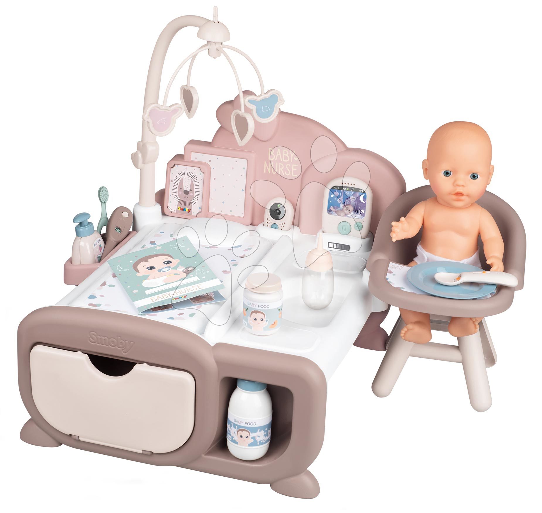 Babacenter Cocoon Nursery Natur D'Amour Baby Nurse Smoby nappali és esti zóna elektronikus funkciókkal 20 kiegészítő