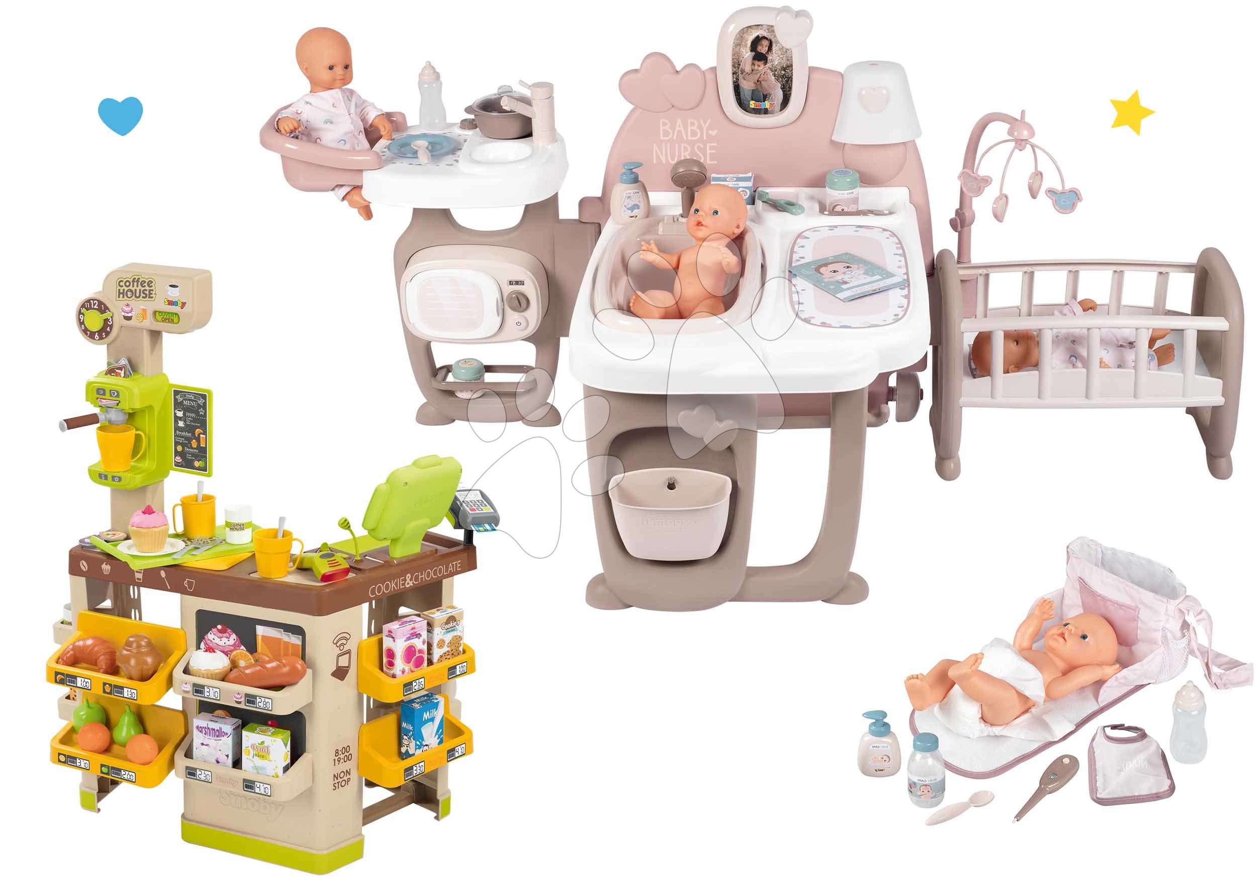 Kompleti za oskrbo punčk in dojenčkov - Komplet hišica za dojenčka Large Doll's Play Center Natur D'Amour Baby Nurse Smoby in kavarna Bio s kavomatom in previjalna torba s plenico