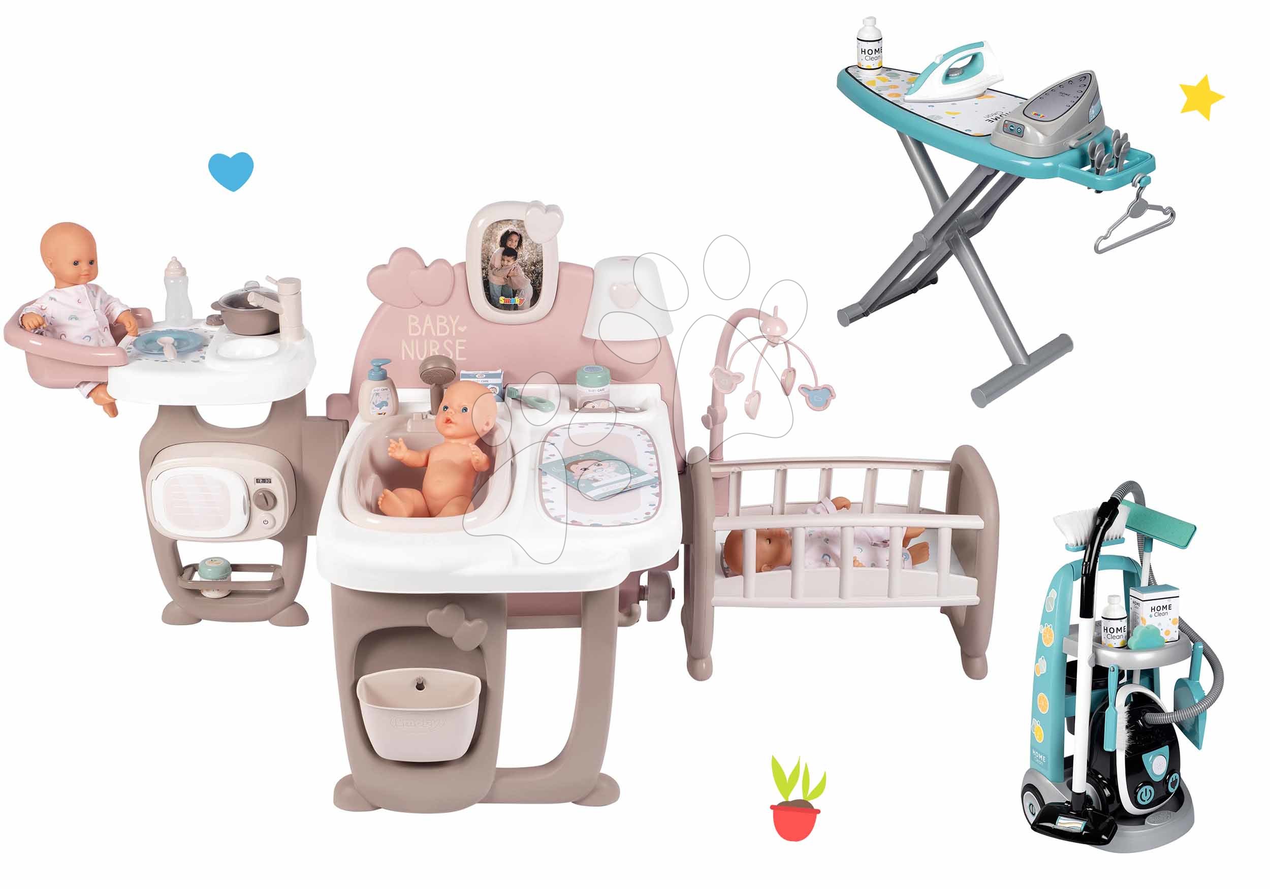 Set domček pre bábiku Large Doll's Play Center Natur D'Amour Baby Nurse Smoby a upratovací vozík so žehliacou doskou a žehličkou