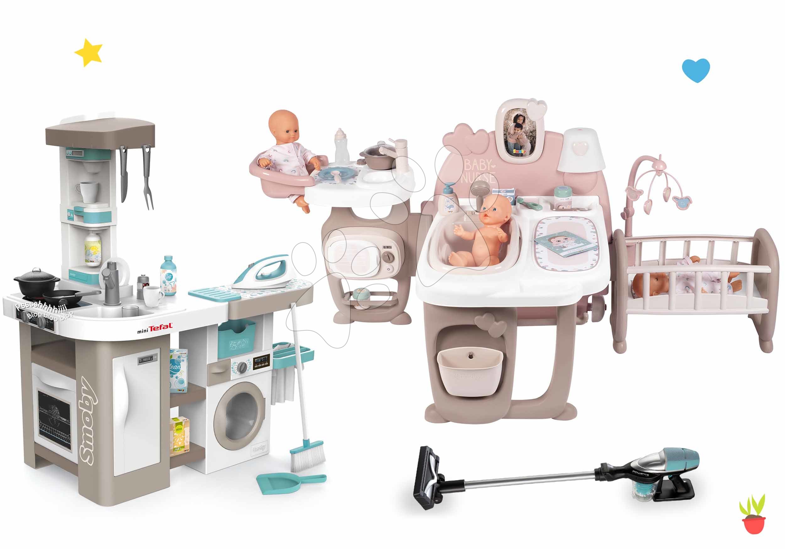 Domčeky pre bábiky sety - Set domček pre bábiku Large Doll's Play Center Natur D'Amour Baby Nurse Smoby a elektronická kuchynka s práčkou a vysávačom