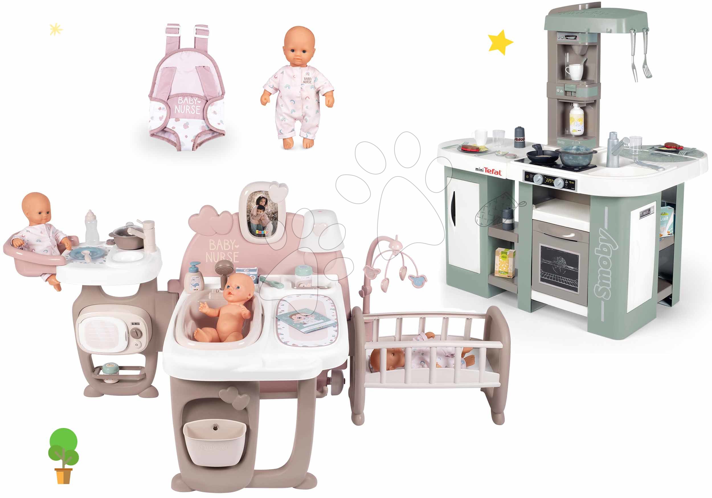 Set domček pre bábiku Large Doll's Play Center Natur D'Amour Baby Nurse Smoby a kuchynka s magickým bublaním a klokanka s 32 cm bábikou