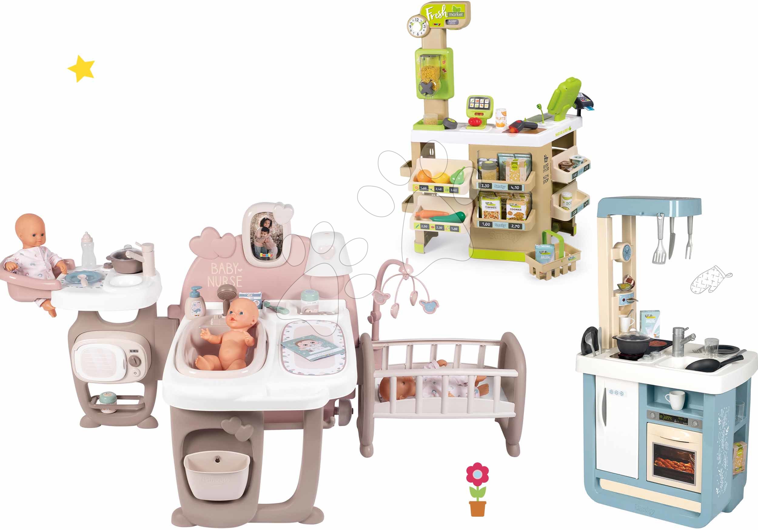 Domčeky pre bábiky sety - Set domček pre bábiku Large Doll's Play Center Natur D'Amour Baby Nurse Smoby a elektronická kuchynka s Bio obchodom