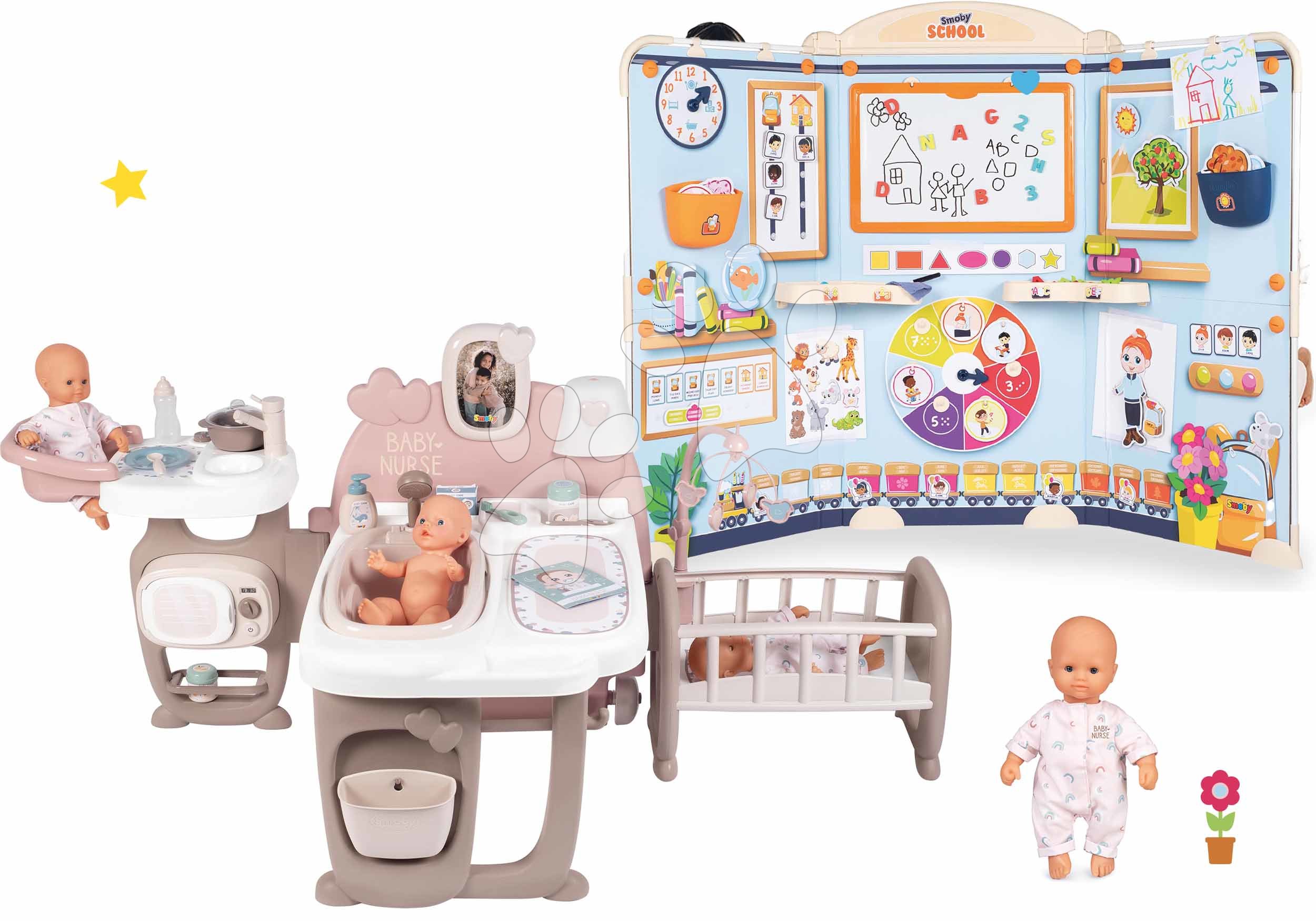 Kompleti za oskrbo punčk in dojenčkov - Komplet hišica za dojenčka Large Doll's Play Center Natur D'Amour Baby Nurse Smoby in igrajmo se šolo School z 32 cm dojenčkom