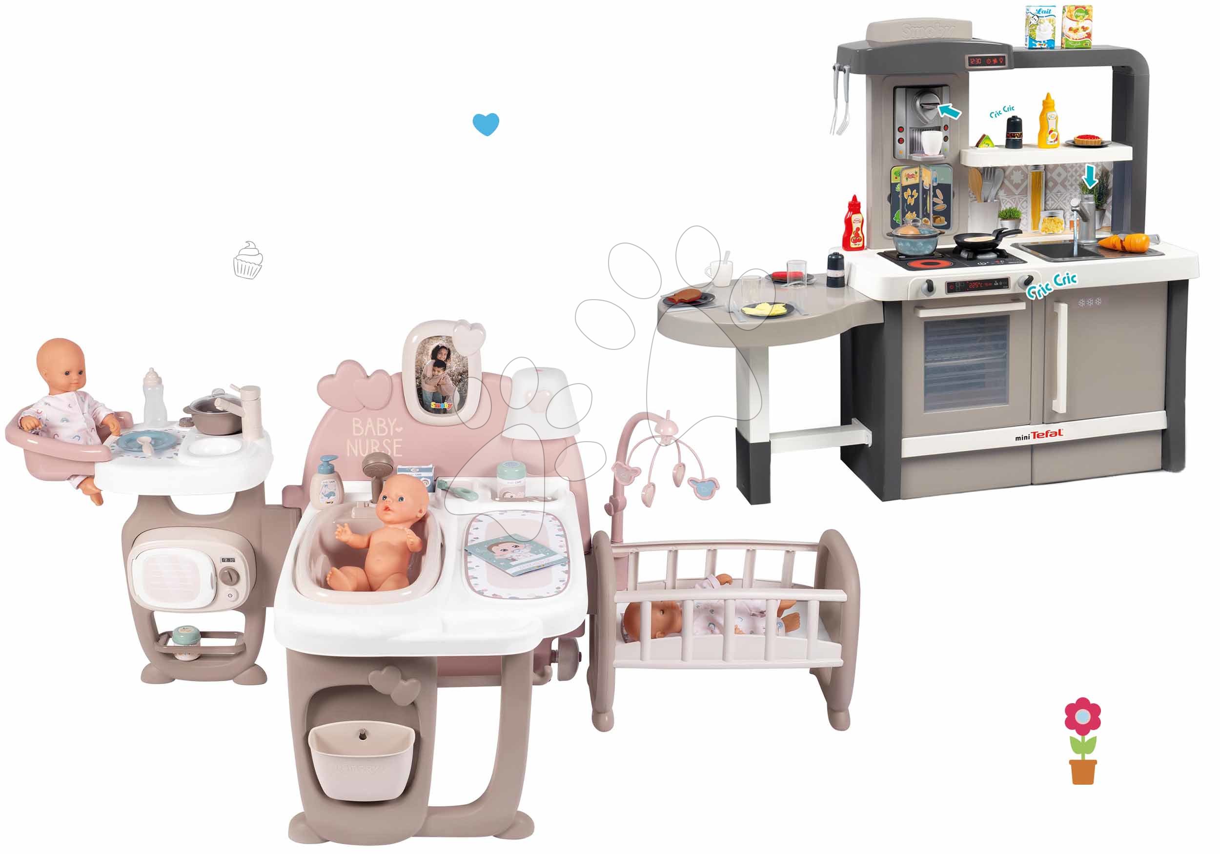 Kompleti za oskrbo punčk in dojenčkov - Komplet hišica za dojenčka Large Doll's Play Center Natur D'Amour Baby Nurse Smoby in elektronska kuhinja s tekočo vodo