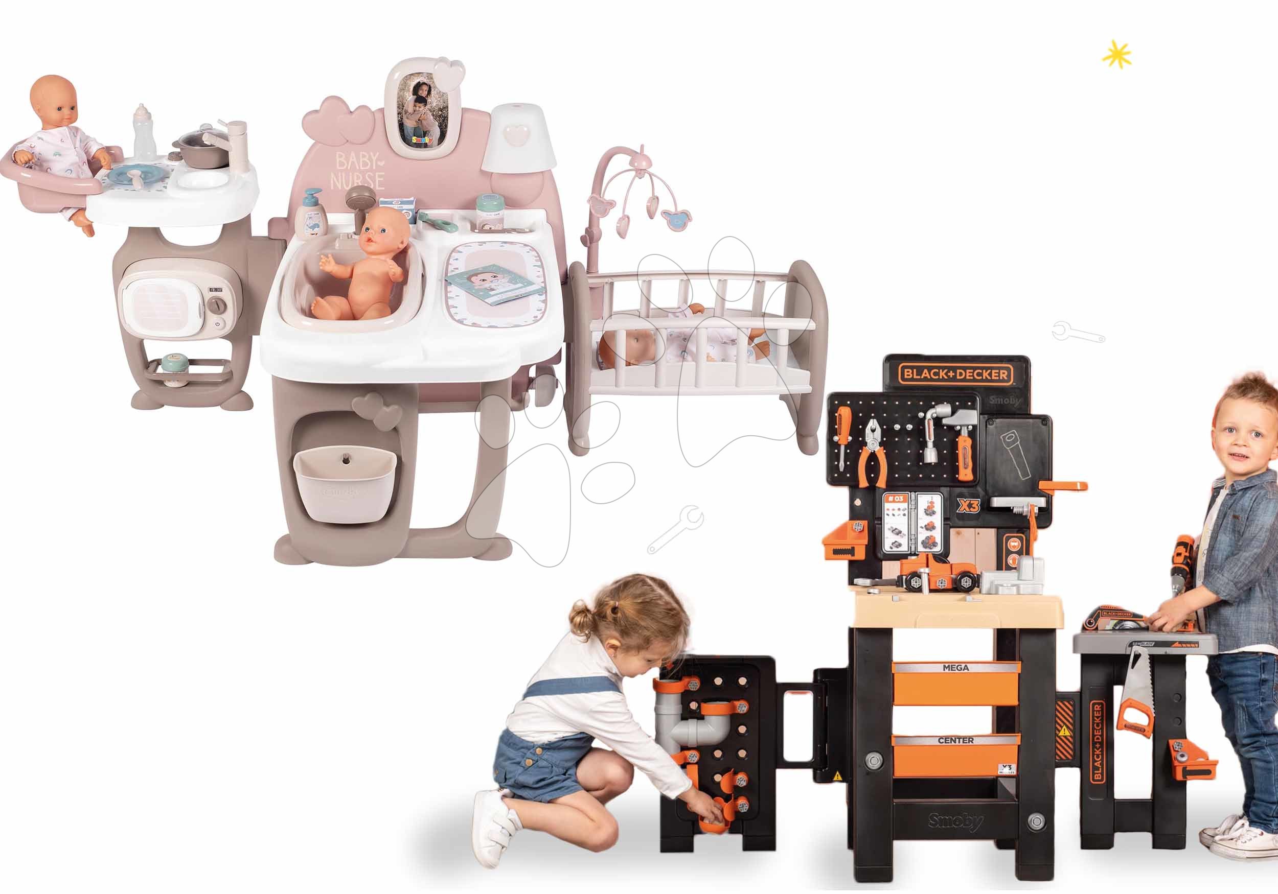Kompleti za oskrbo punčk in dojenčkov - Komplet hišica za dojenčka Large Doll's Play Center Natur D'Amour Baby Nurse Smoby in trikrilna delavnica z avtomobilčkom za sestavljanje
