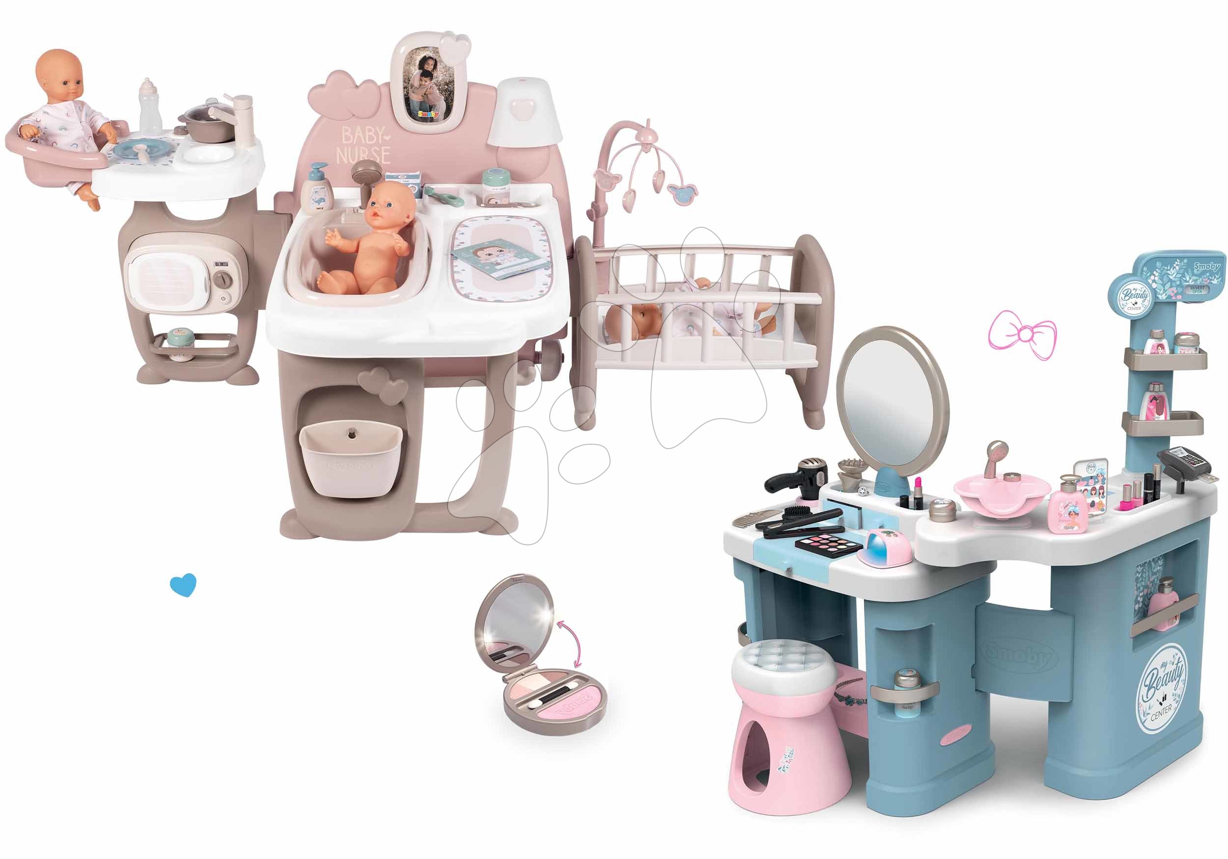 Domčeky pre bábiky sety - Set domček pre bábiku Large Doll's Play Center Natur D'Amour Baby Nurse Smoby a kozmetický stolík elektronický s púdrom