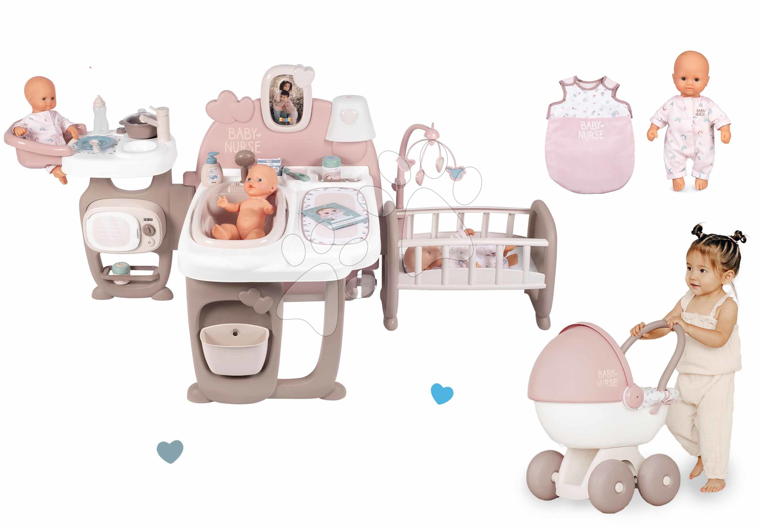 Domčeky pre bábiky sety - Set domček pre bábiku Large Doll's Play Center Natur D'Amour Baby Nurse Smoby a hlboký kočík so spacím vakom a 32 cm bábikou