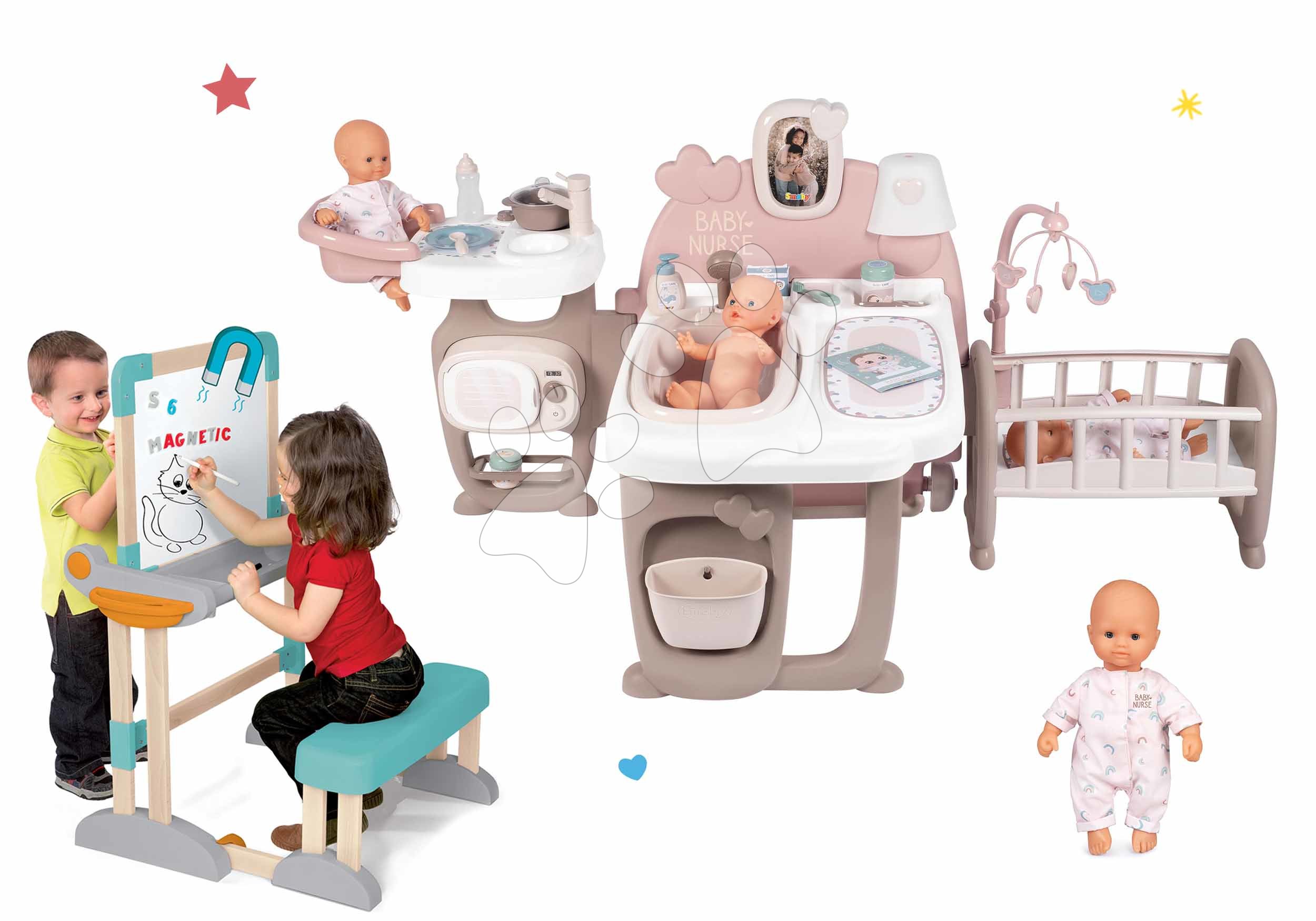 Domčeky pre bábiky sety - Set domček pre bábiku Large Doll's Play Center Natur D'Amour Baby Nurse Smoby a lavica na písanie a kreslenie s 32 cm bábikou