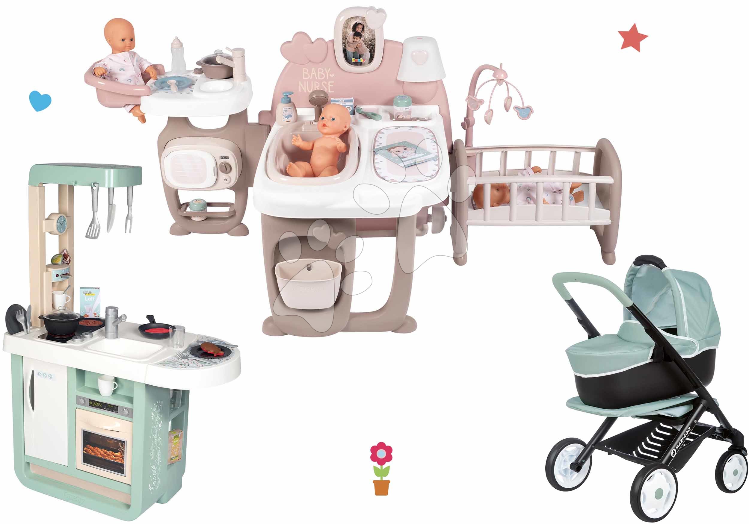 Kompleti za oskrbo punčk in dojenčkov - Komplet hišica za dojenčka Large Doll's Play Center Natur D'Amour Baby Nurse Smoby in elektronska kuhinja ter kombinirani voziček Maxi Cosi