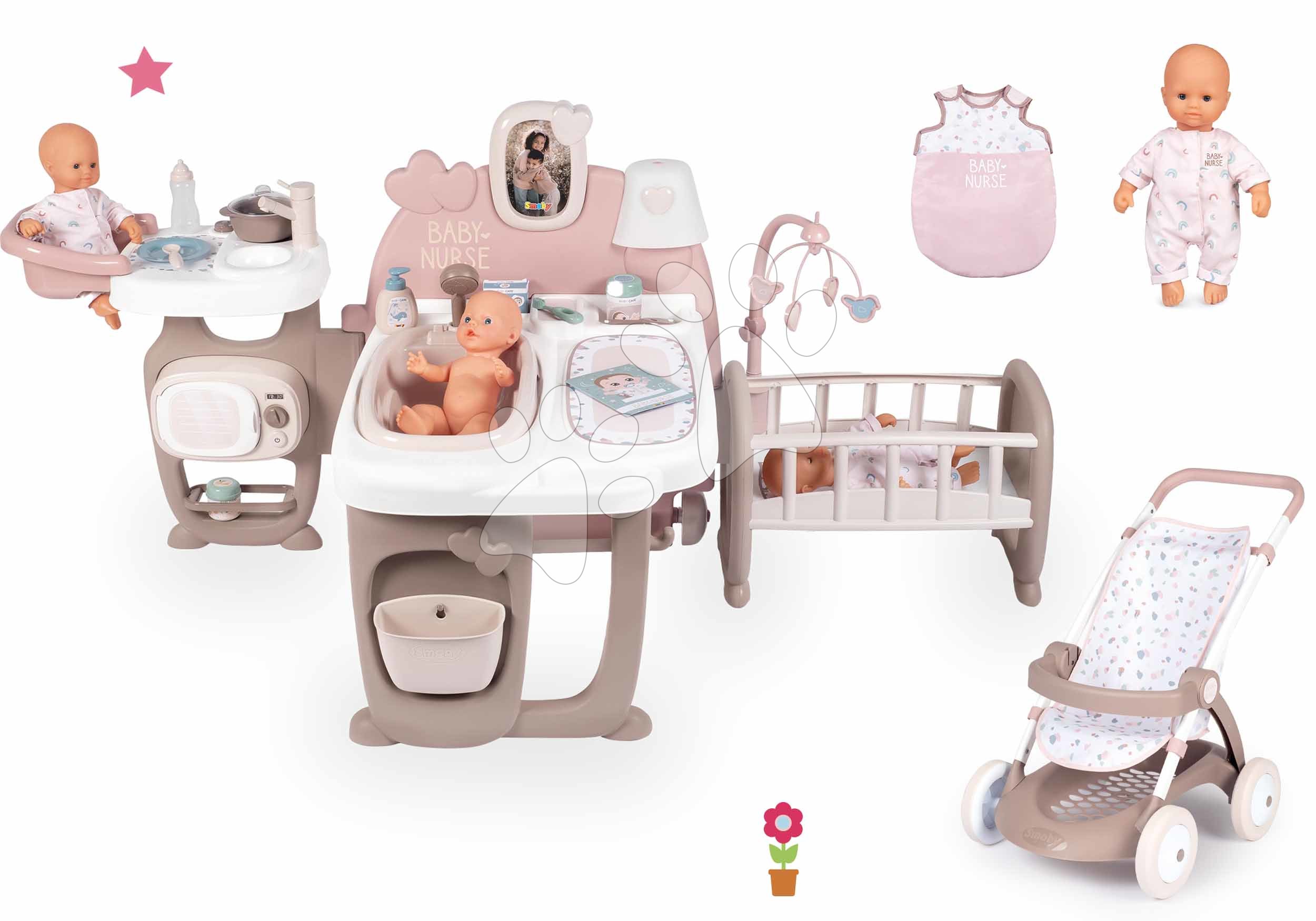 Kompleti za oskrbo punčk in dojenčkov - Komplet hišica za dojenčka Large Doll's Play Center Natur D'Amour Baby Nurse Smoby in športni voziček s spalno vrečo in 32 cm dojenčkom