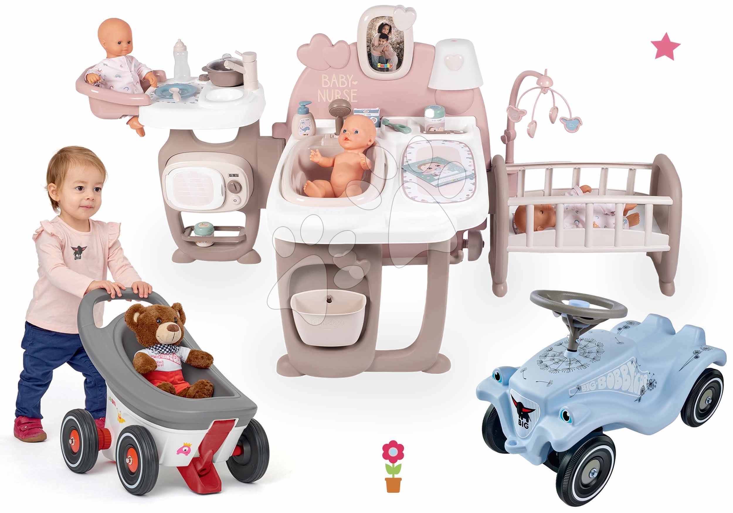 Kompleti za oskrbo punčk in dojenčkov - Komplet hišica za dojenčka Large Doll's Play Center Natur D'Amour Baby Nurse Smoby in poganjalec Blowball s sprehajalčkom in vozičkom 3v1
