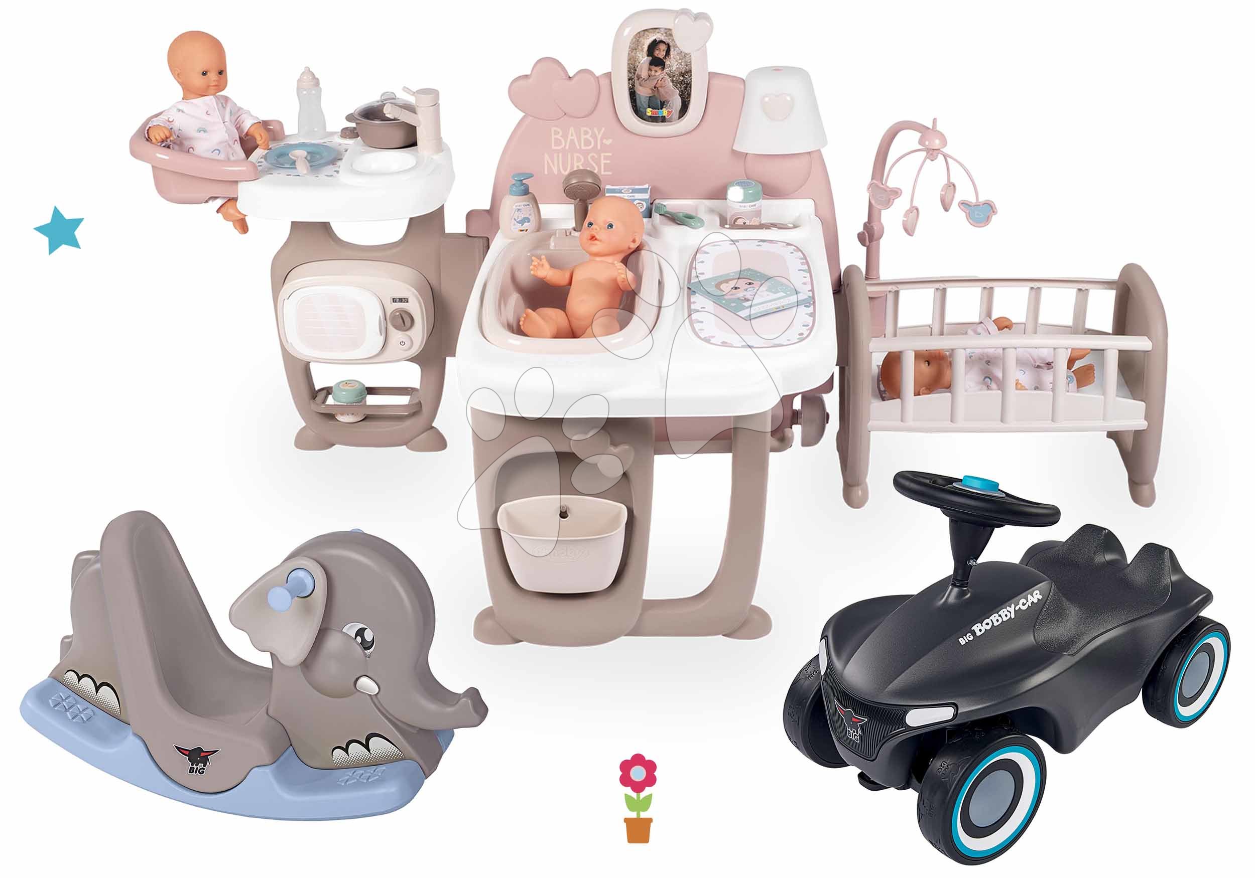 Domčeky pre bábiky sety - Set domček pre bábiku Large Doll's Play Center Natur D'Amour Baby Nurse Smoby a hojdačka Slon s odrážadlom so zvukom a 32 cm bábikou