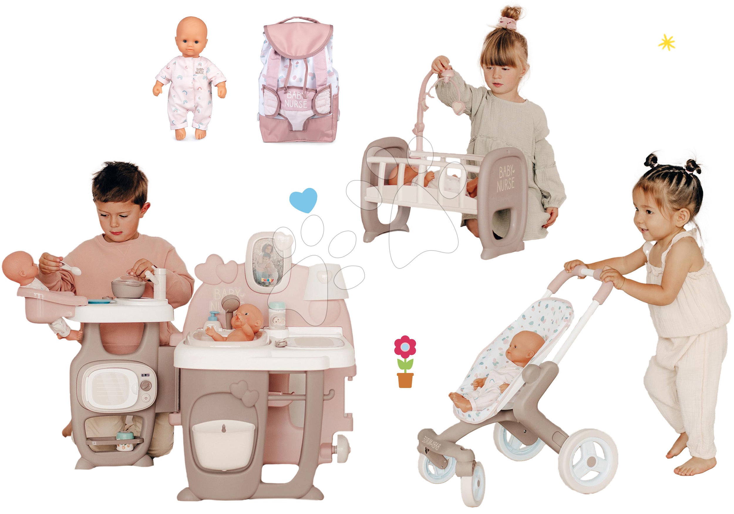 Set domček pre bábiku Large Doll's Play Center Natur D'Amour Baby Nurse Smoby a športový kočík s klokankou a 32 cm bábikou