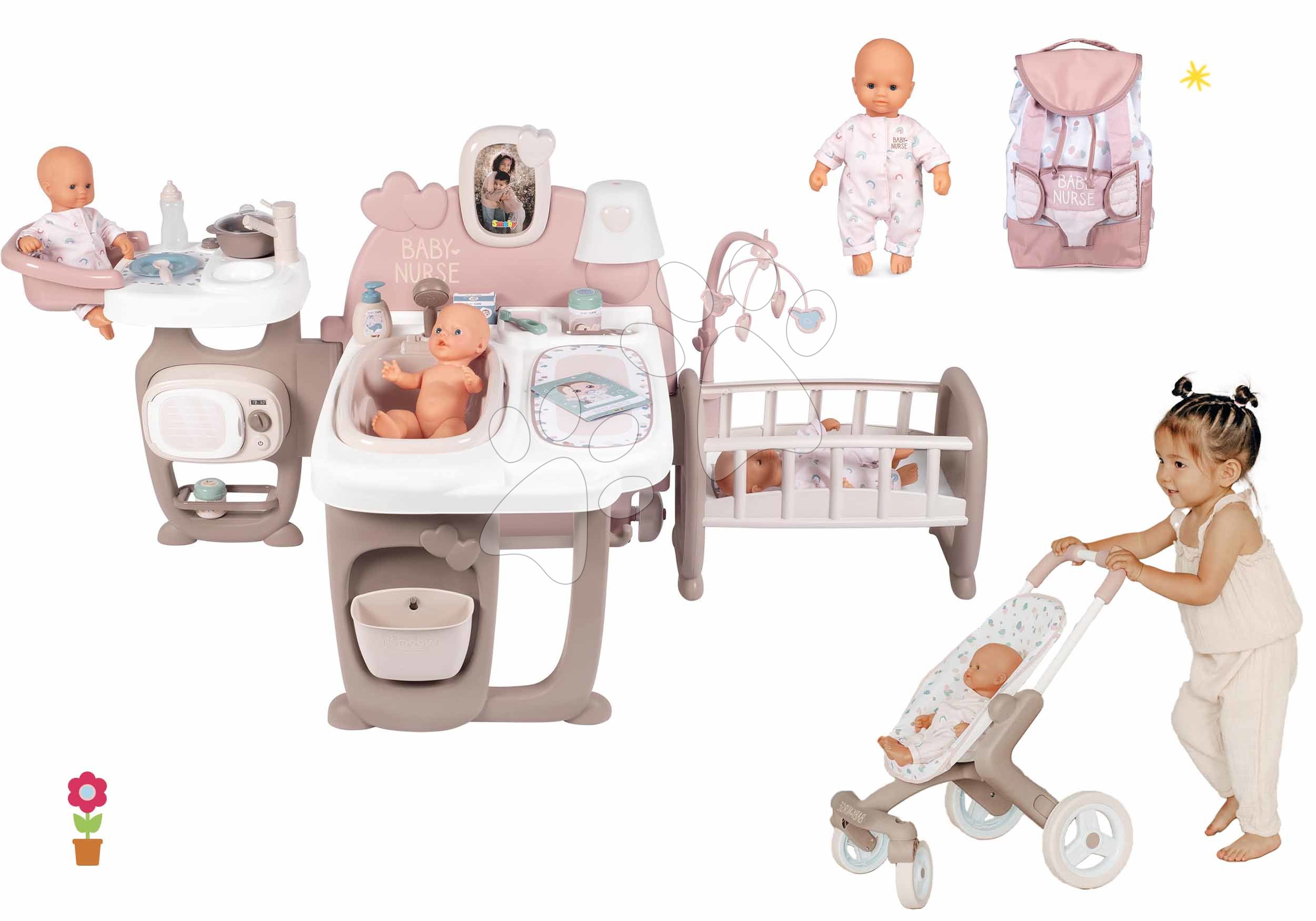 Domčeky pre bábiky sety - Set domček pre bábiku Large Doll's Play Center Natur D'Amour Baby Nurse Smoby a športový kočík s klokankou a 32 cm bábikou