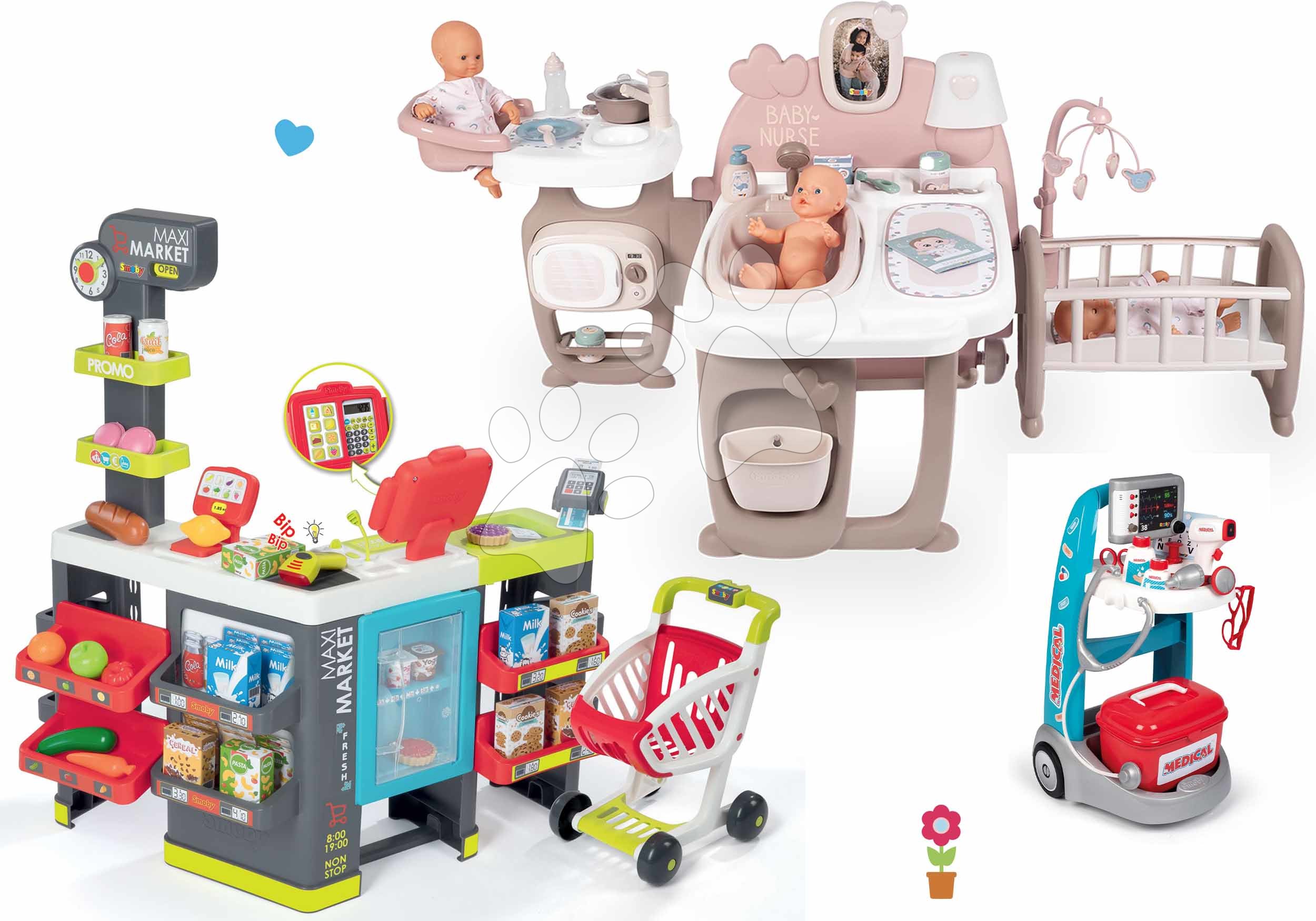 Domčeky pre bábiky sety - Set domček pre bábiku Large Doll's Play Center Natur D'Amour Baby Nurse Smoby a elektronický obchod Maxi Market s lekárskym vozíkom