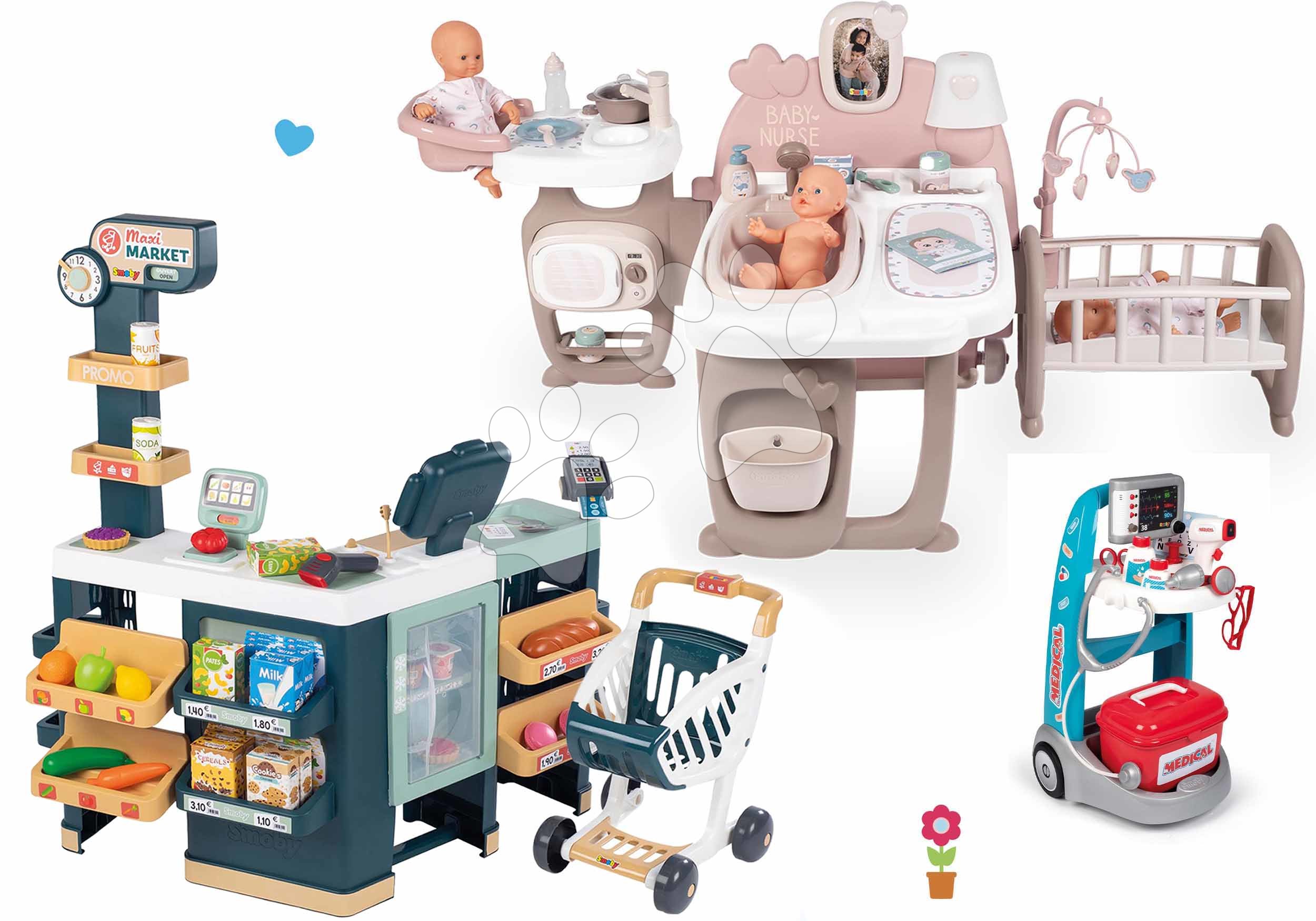 Set domeček pro panenku Large Doll's Play Center Natur D'Amour Baby Nurse Smoby a elektronický obchod Maxi Market s lékařským vozíkem