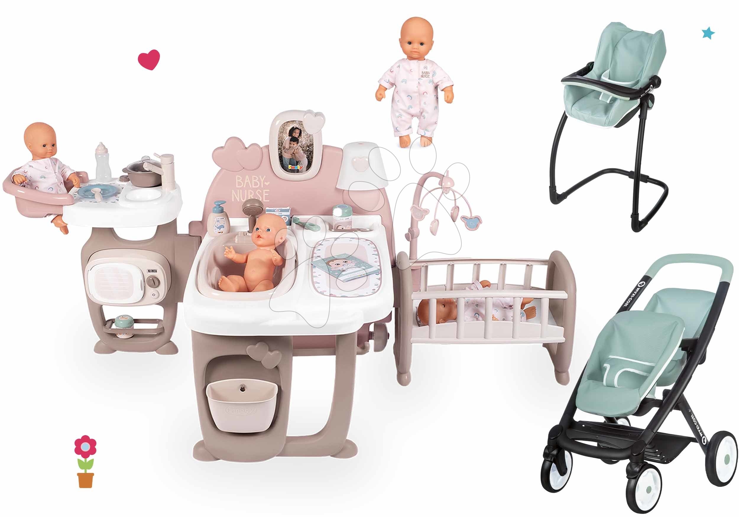 Kompleti za oskrbo punčk in dojenčkov - Komplet hišica za dojenčka Large Doll's Play Center Natur D'Amour Baby Nurse Smoby in voziček za dvojčka in stolček za hranjenje z lupinico in počivalnikom ter 32 cm dojenčkom
