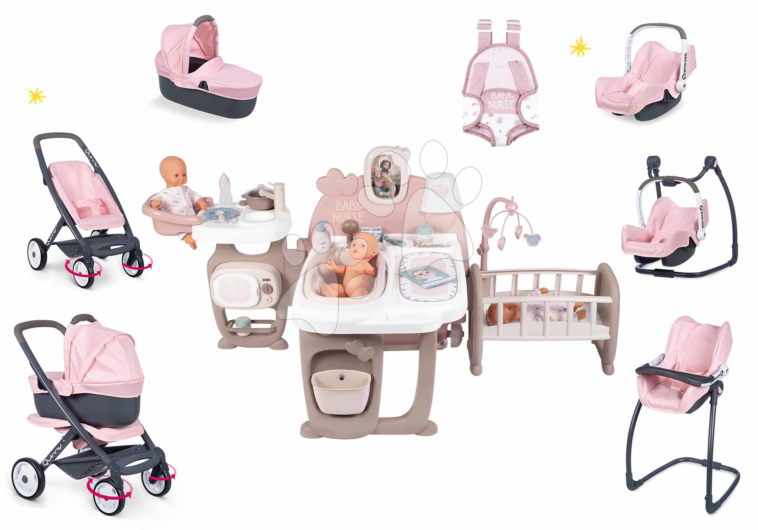 Domčeky pre bábiky sety - Set domček pre bábiku Large Doll's Play Center Natur D'Amour Baby Nurse Smoby a kočík s jedálenskou stoličkou autosedačkou hojdačkou a klokankou