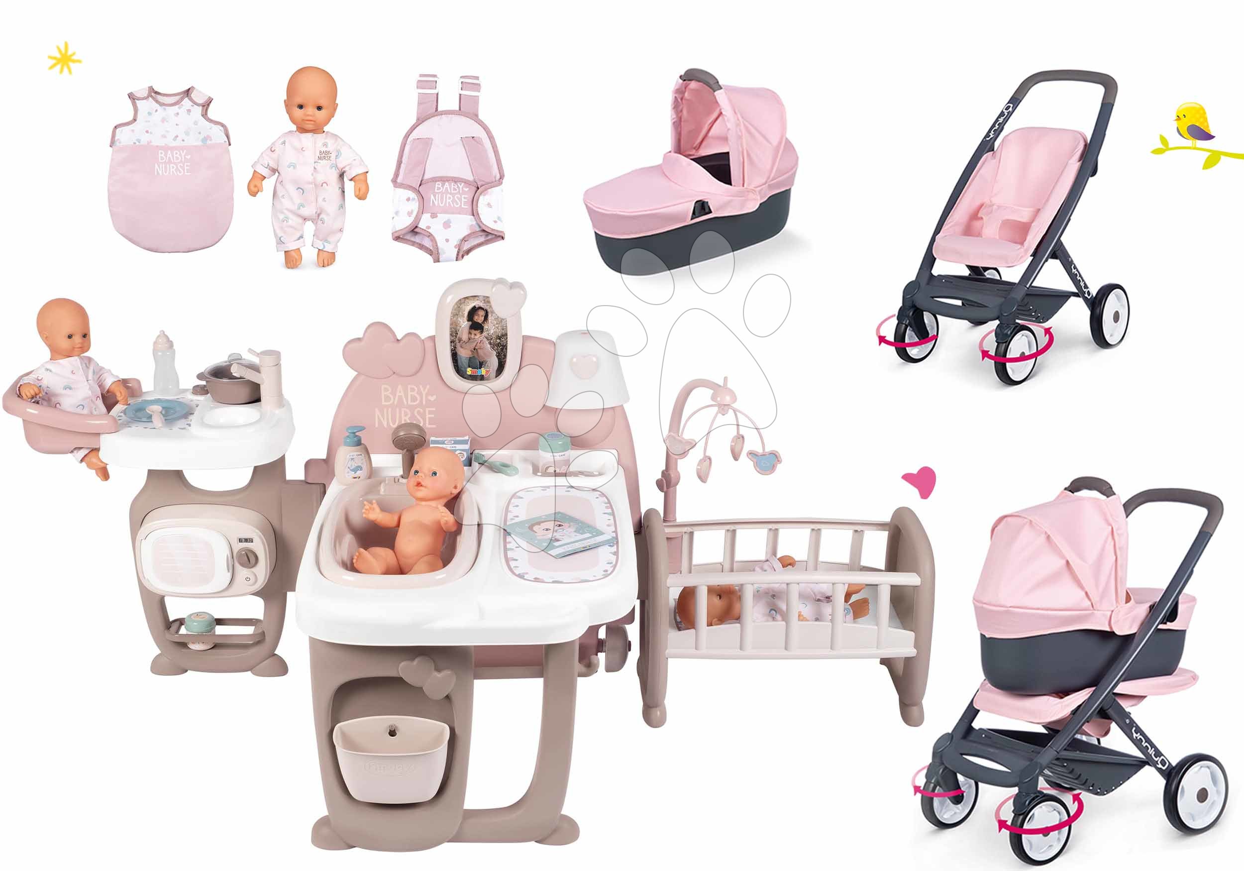 Kompleti za oskrbo punčk in dojenčkov - Komplet hišica za dojenčka Large Doll's Play Center Natur D'Amour Baby Nurse Smoby in kombinirani voziček s spalno vrečo nosilko in 32 cm dojenčkom