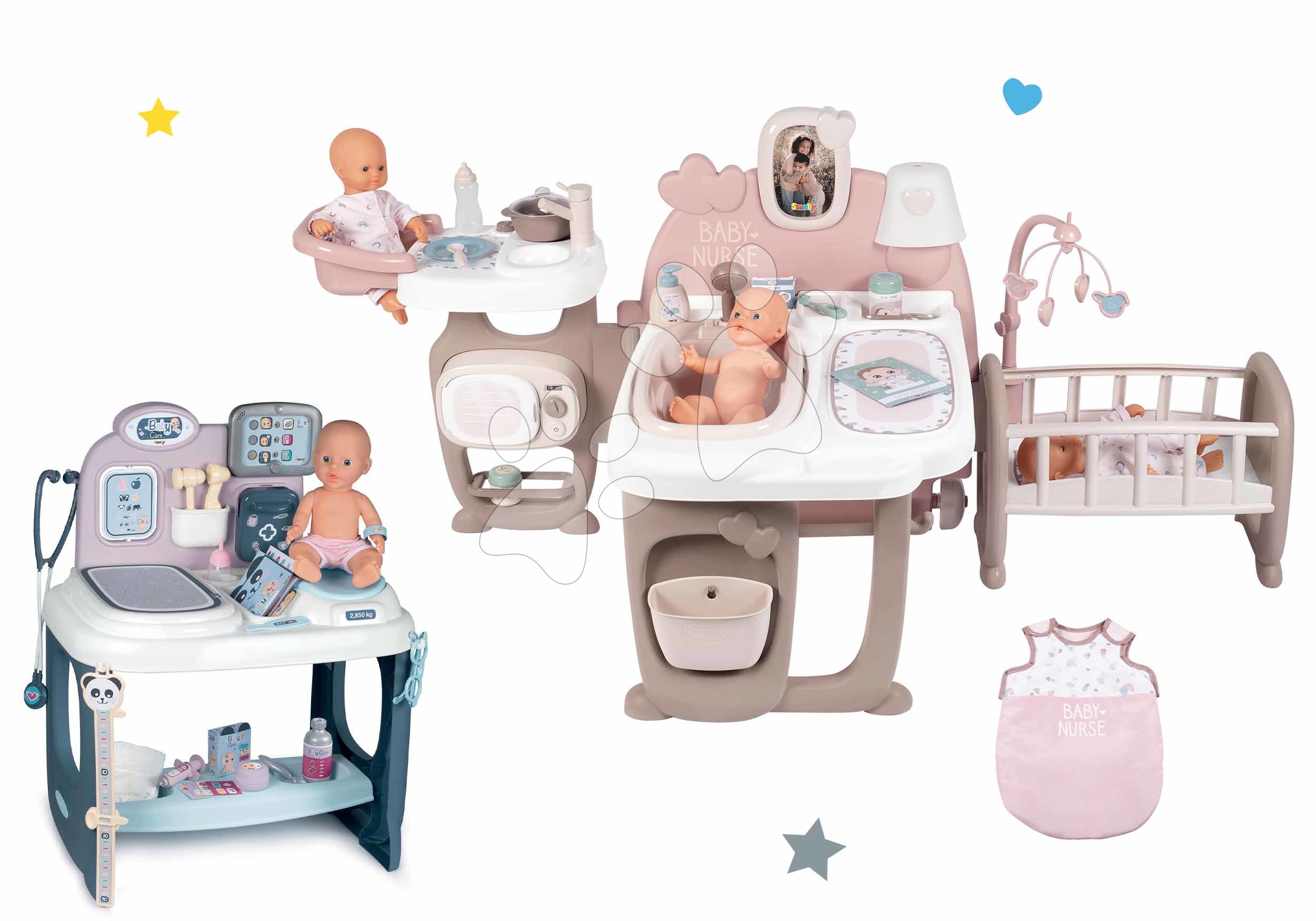 Kompleti za oskrbo punčk in dojenčkov - Komplet hišica za dojenčka Large Doll's Play Center Natur D'Amour Baby Nurse Smoby in zdravniška miza s 30 cm dojenčkom in spalno vrečo
