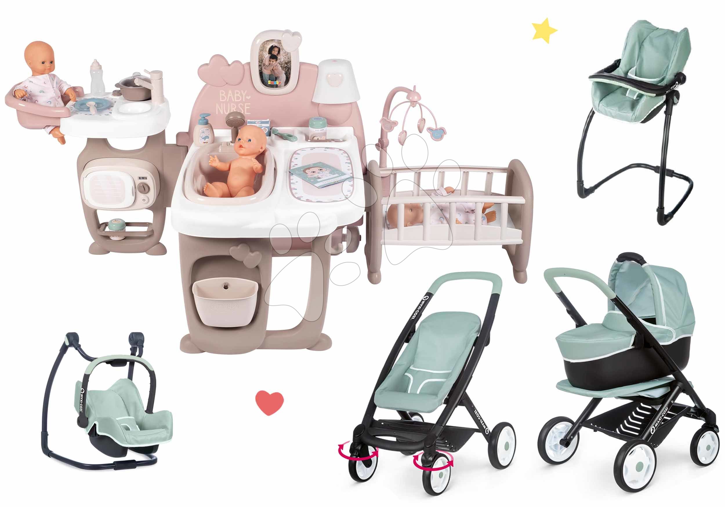 Kompleti za oskrbo punčk in dojenčkov - Komplet hišica za dojenčka Large Doll's Play Center Natur D'Amour Baby Nurse Smoby in kombinirani voziček Maxi Cosi s stolčkom za hranjenje lupinico in počivalnikom