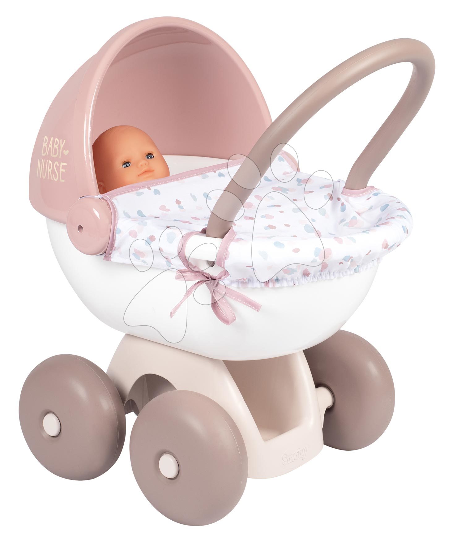 Mély babakocsi textil takaróval Natur D'Amour Baby Nurse Smoby 42 cm játékbabának ergonomikus tolókar magassága 55 cm 18 hó-tól