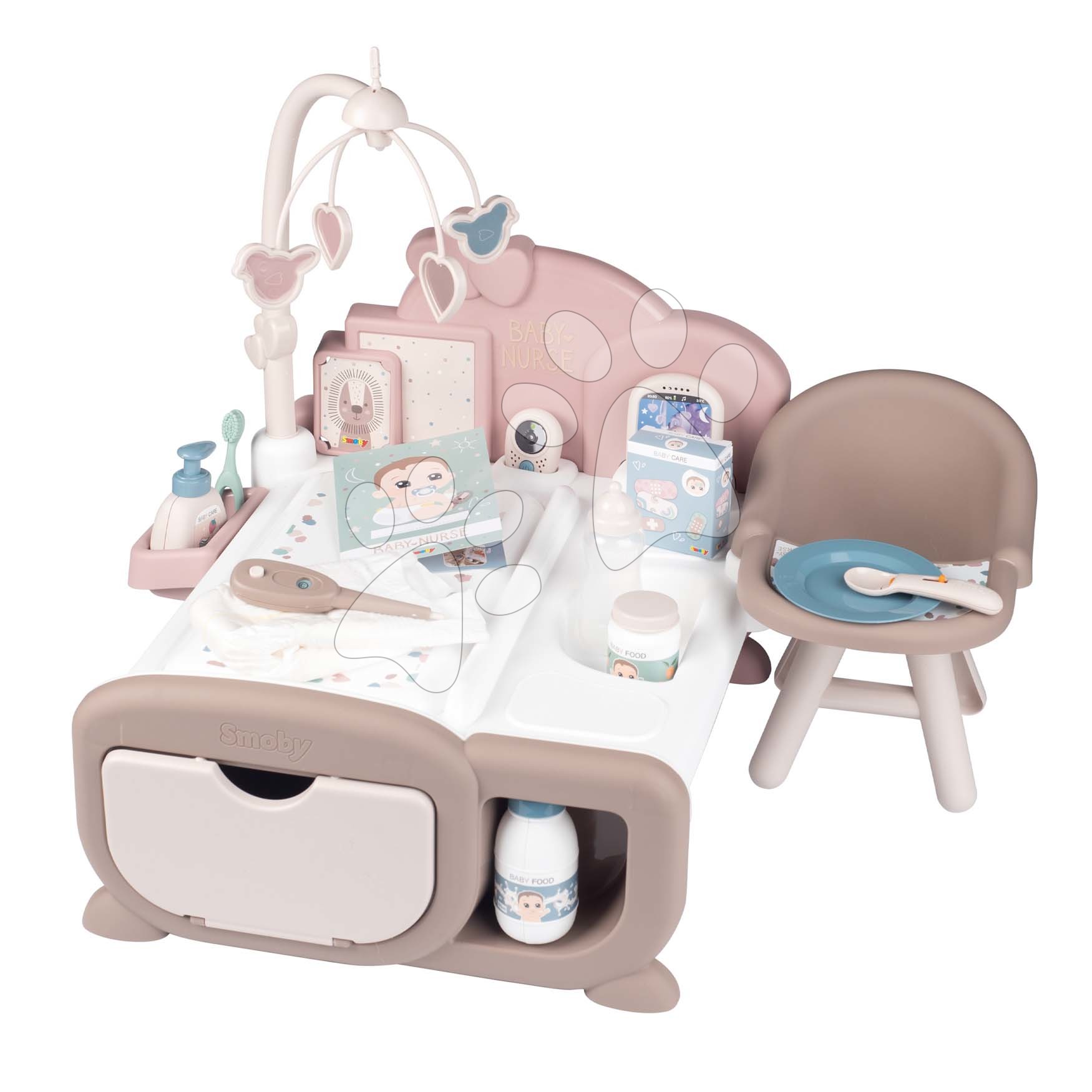 Domečky pro panenky - Domeček Cocoon Nursery Natur D'Amour Baby Nurse Smoby denní a noční zóna s elektronickými funkcemi 20 doplňků