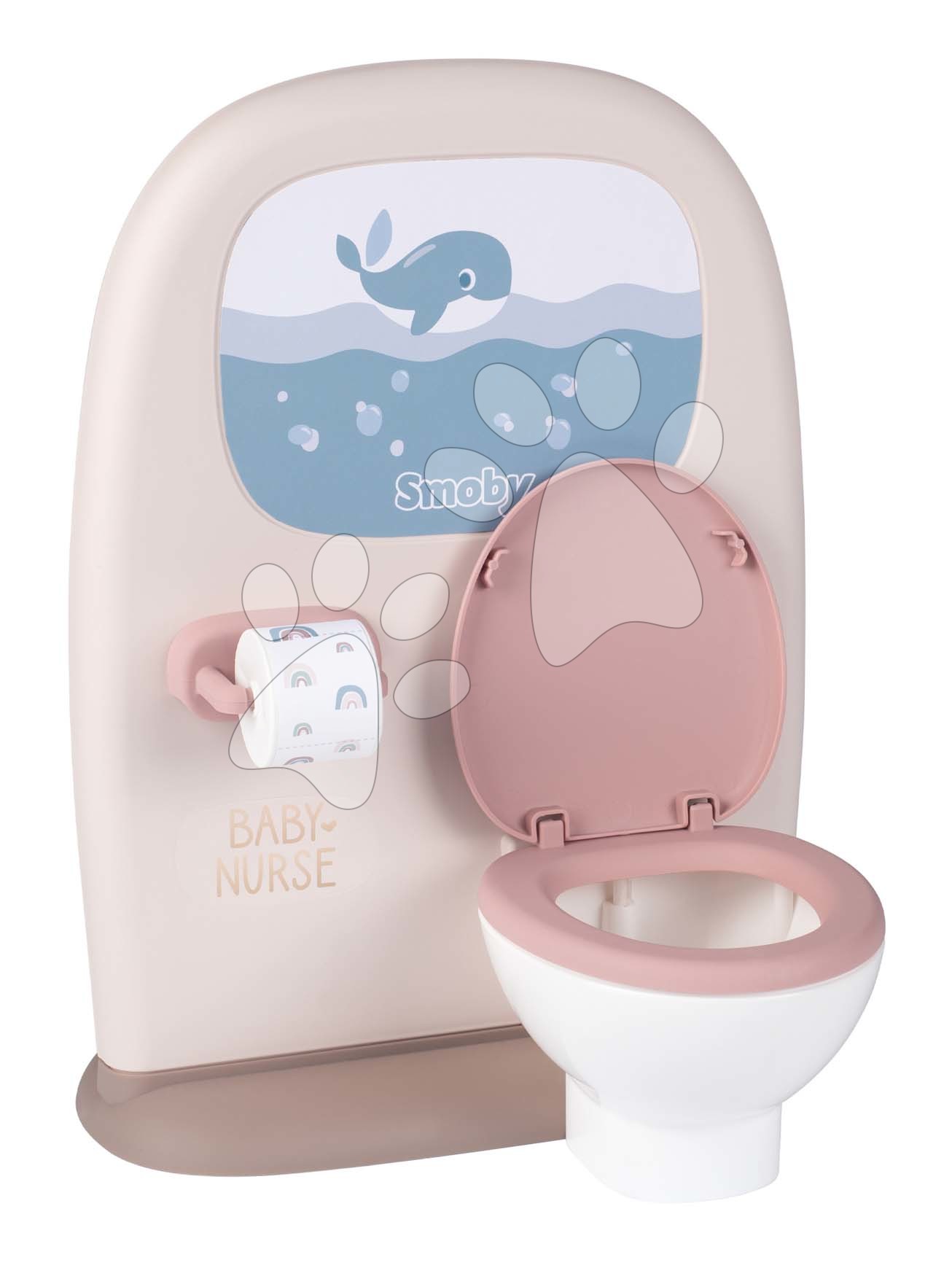 E-shop Záchod a kúpeľňa pre bábiky Toilets 2in1 Baby Nurse Smoby obojstranný s WC papierom a 3 doplnky k umývadlu