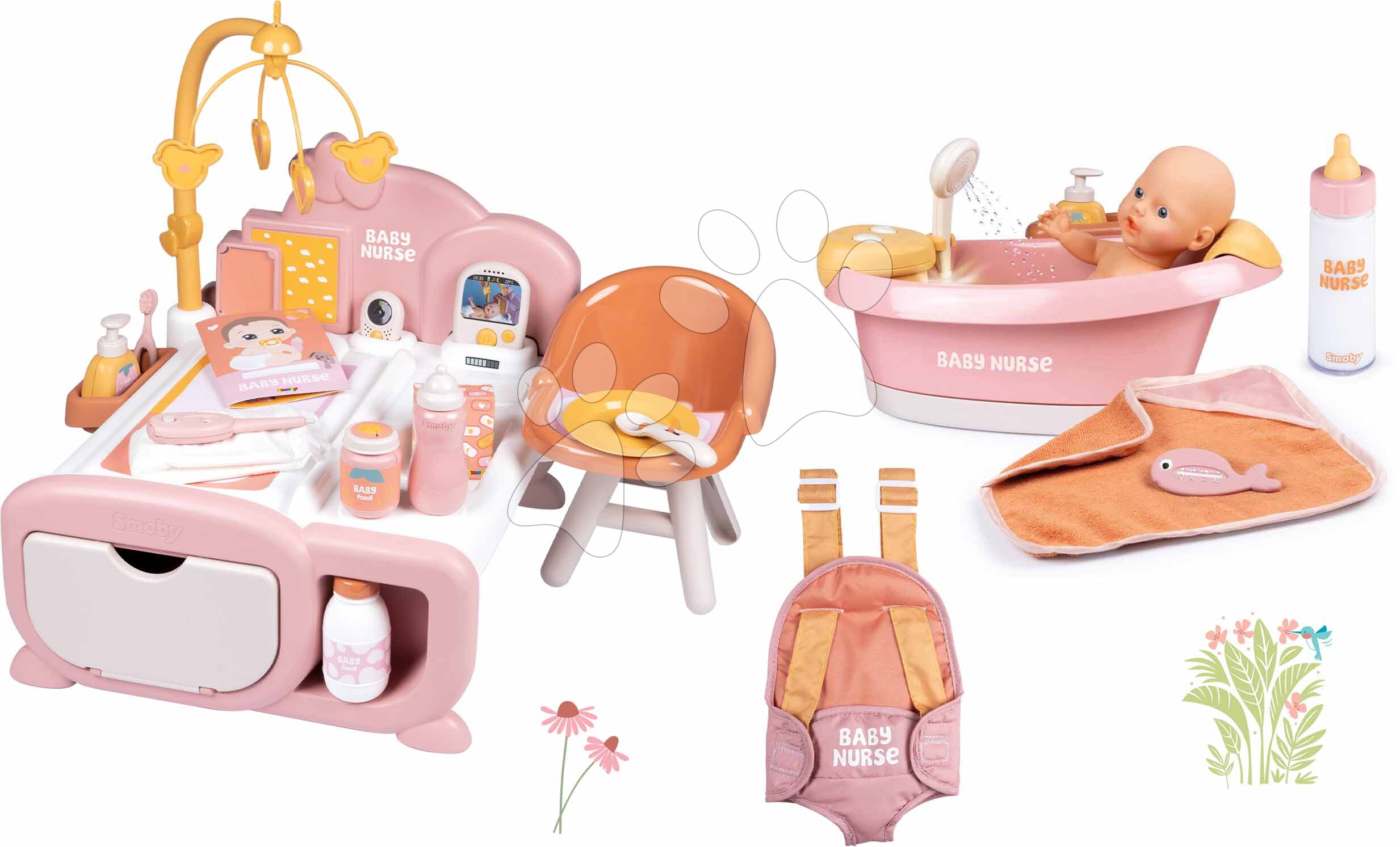 Set vanička s funkční sprchou Balneo Bath Soft Baby Nurse Smoby a domeček elektronický s klokankou a láhví