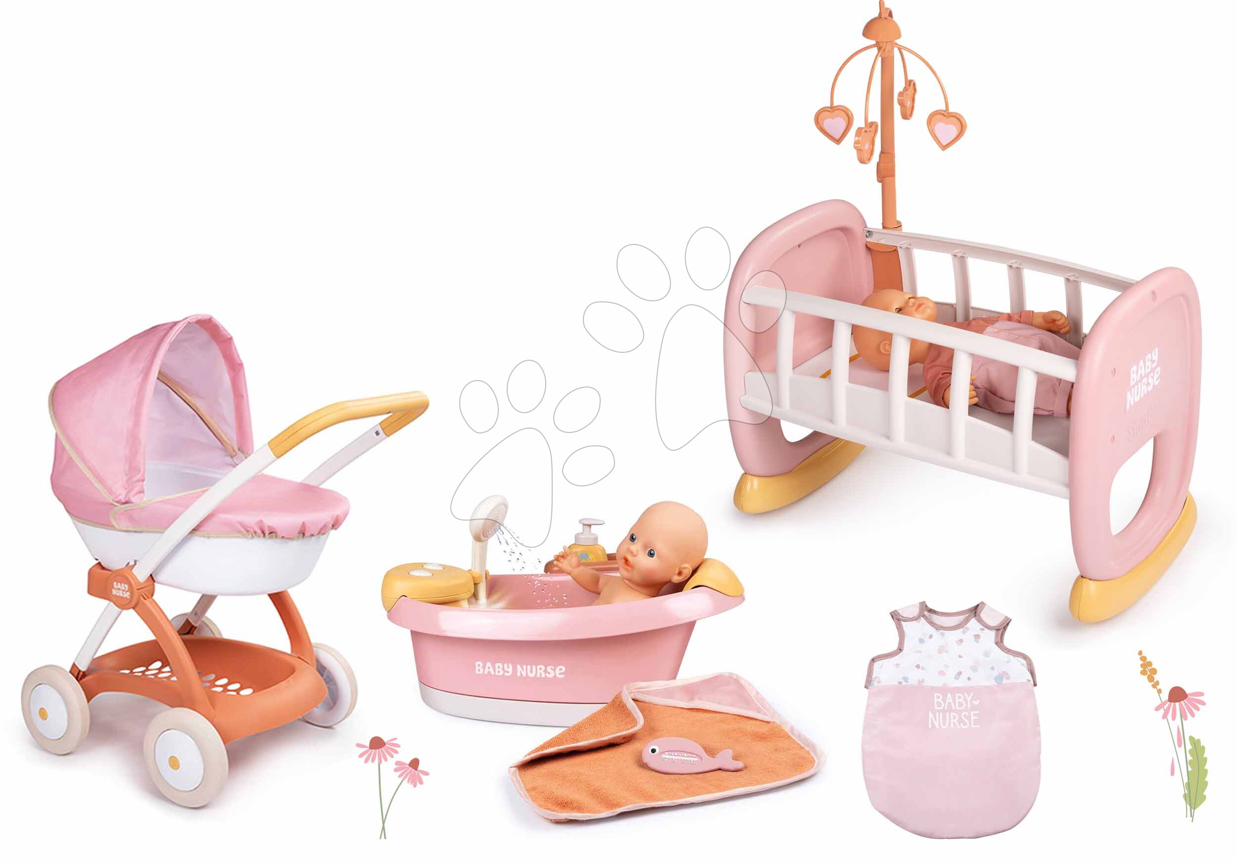 Set vanička s funkčnou sprchou a hlboký kočík Balneo Bath Soft Baby Nurse Smoby a kolíska s nočným úborom